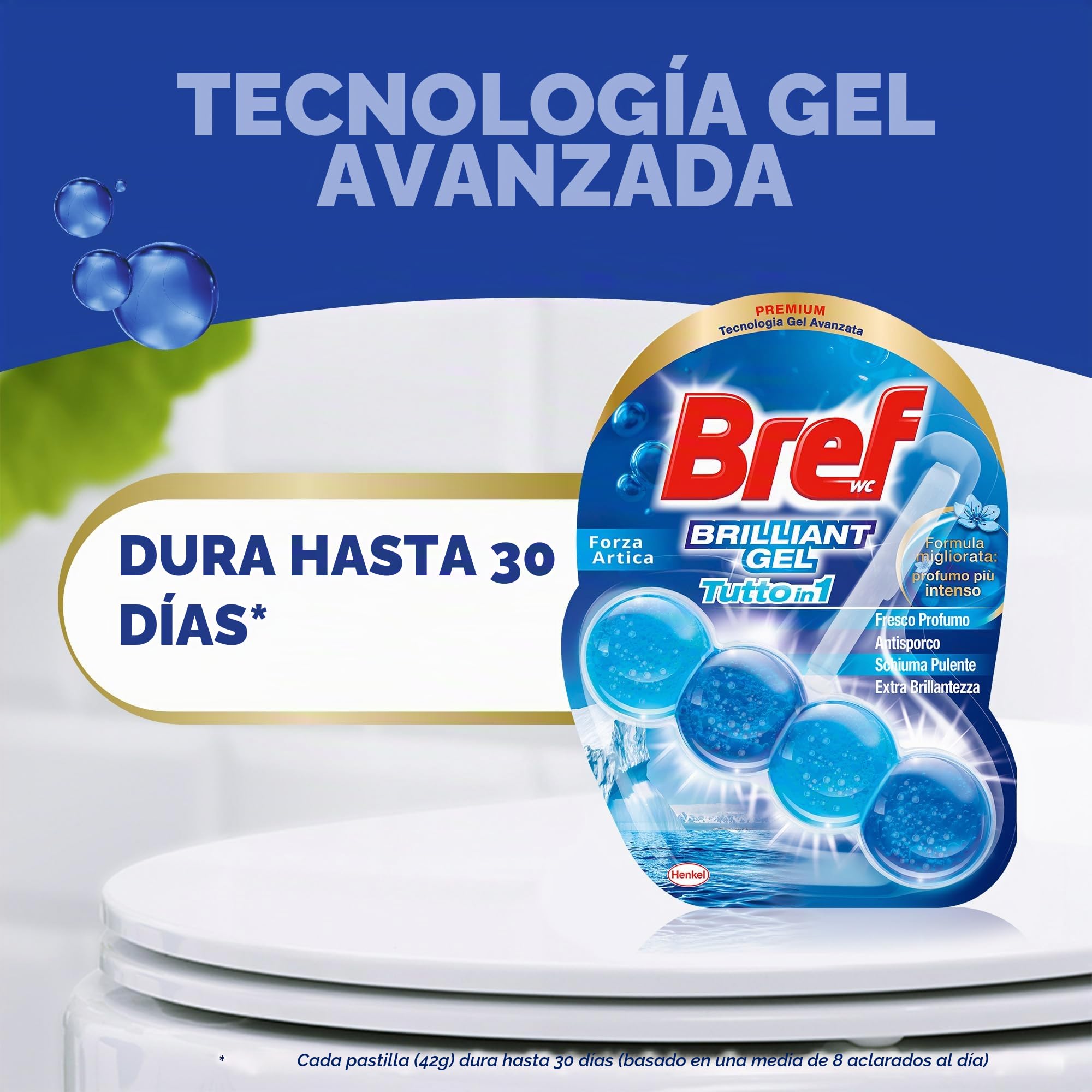 Bref Gel Brillante Océano Ártico Todo en 1 (pack de 11 unidades), cesta en gel para una limpieza completa,colgadores WC para la limpieza del baño, frescor duradero y brillo radiante