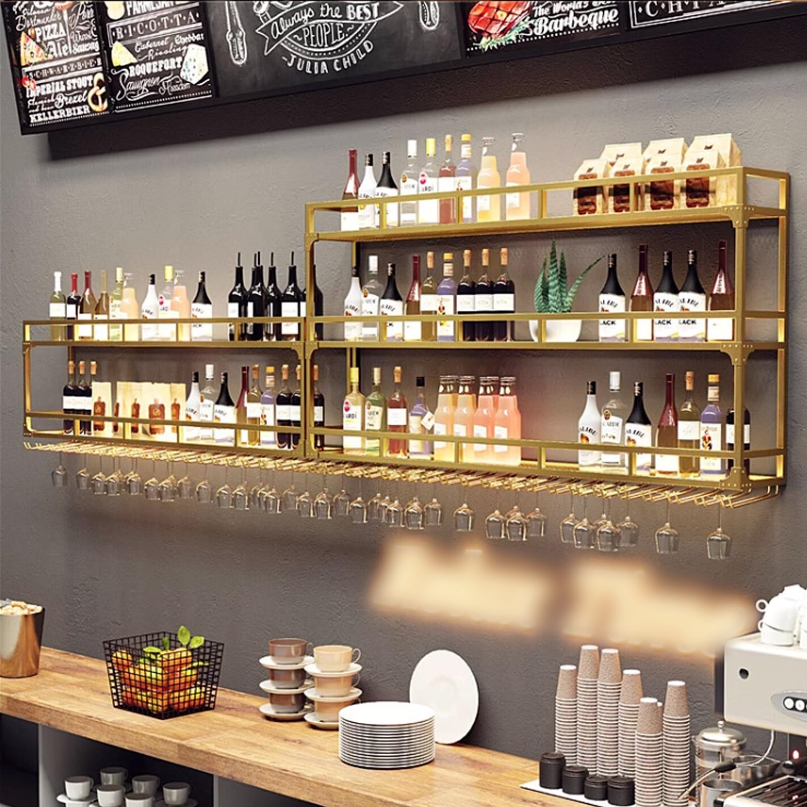 Étagère murale pour ranger le vin avec LED et porte-verres