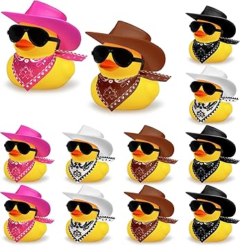 12 PCS Cowboy Duck with Hat and Sunglasses Mini Duckies Toys for Birthday Swimming Party Gift Favor