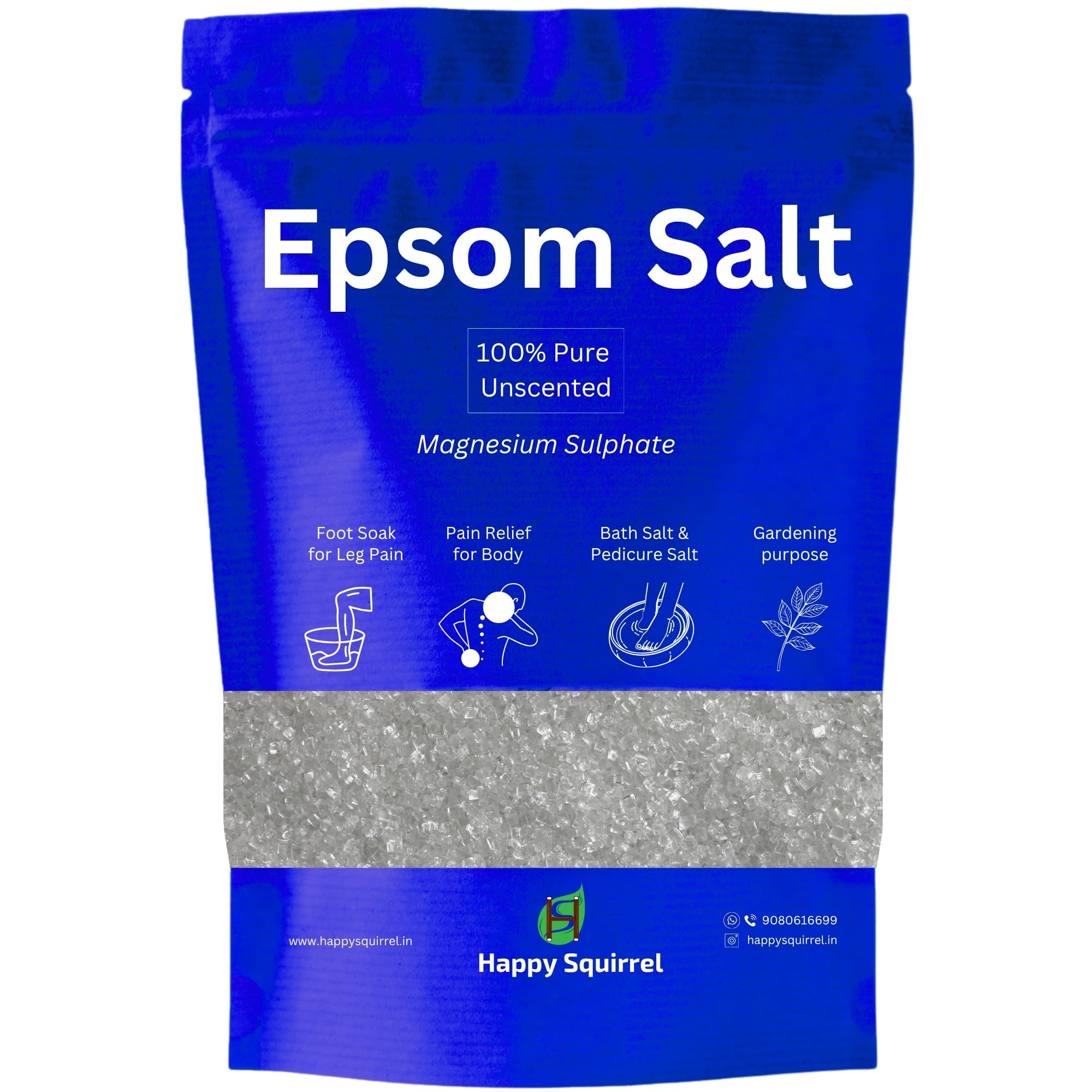 Happy Squirrel Epsom Salt for Foot, Bath | For Pain Relief & Relaxation | 100% Pure Bath Salt (900 Grams)