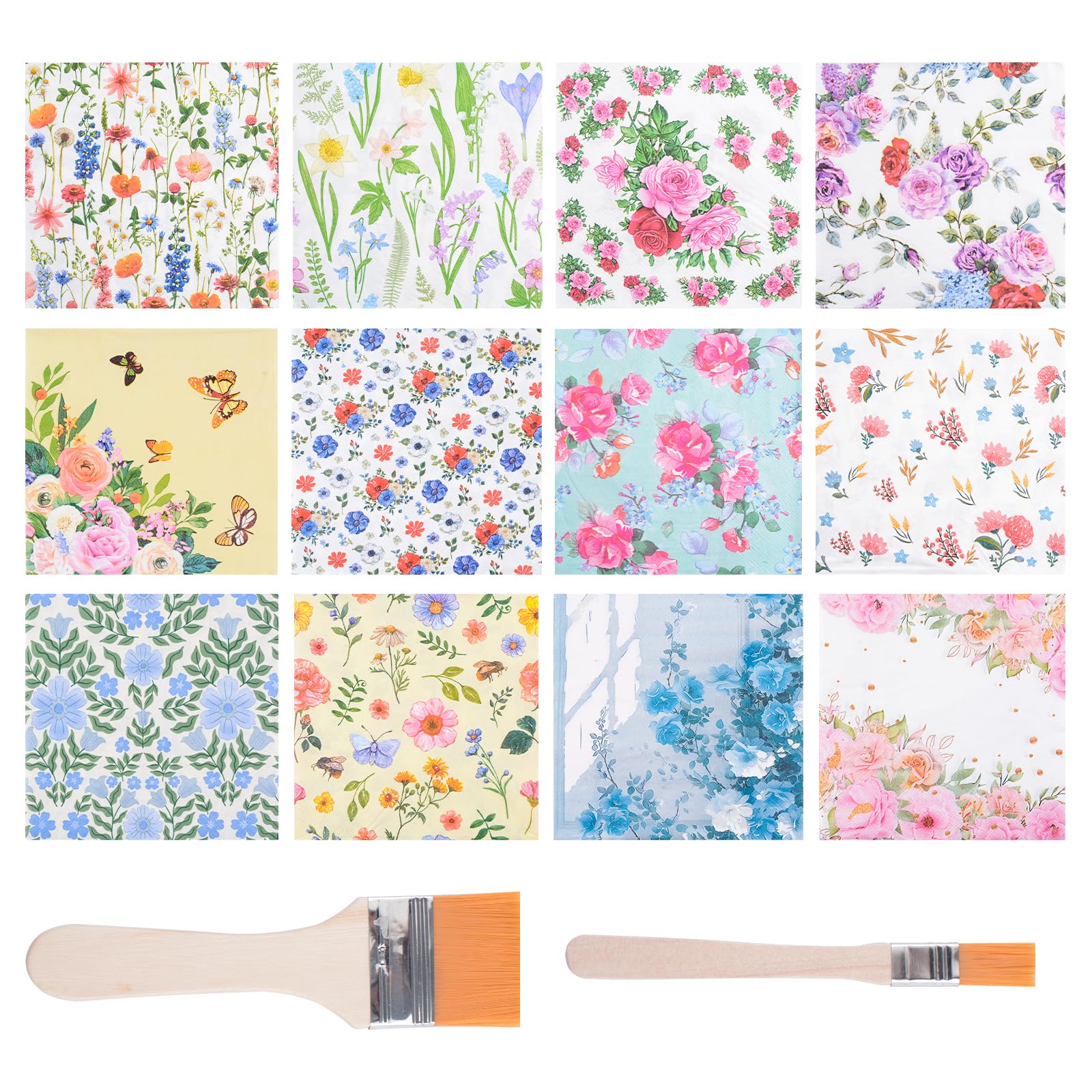 WANDIC 48Pcs Pack Decoupage Napkins, 12 Styles Floral Craft Paper Flower Napkins Decorative Decoupage Napkins for DIY Home Decor and Present Wrapping