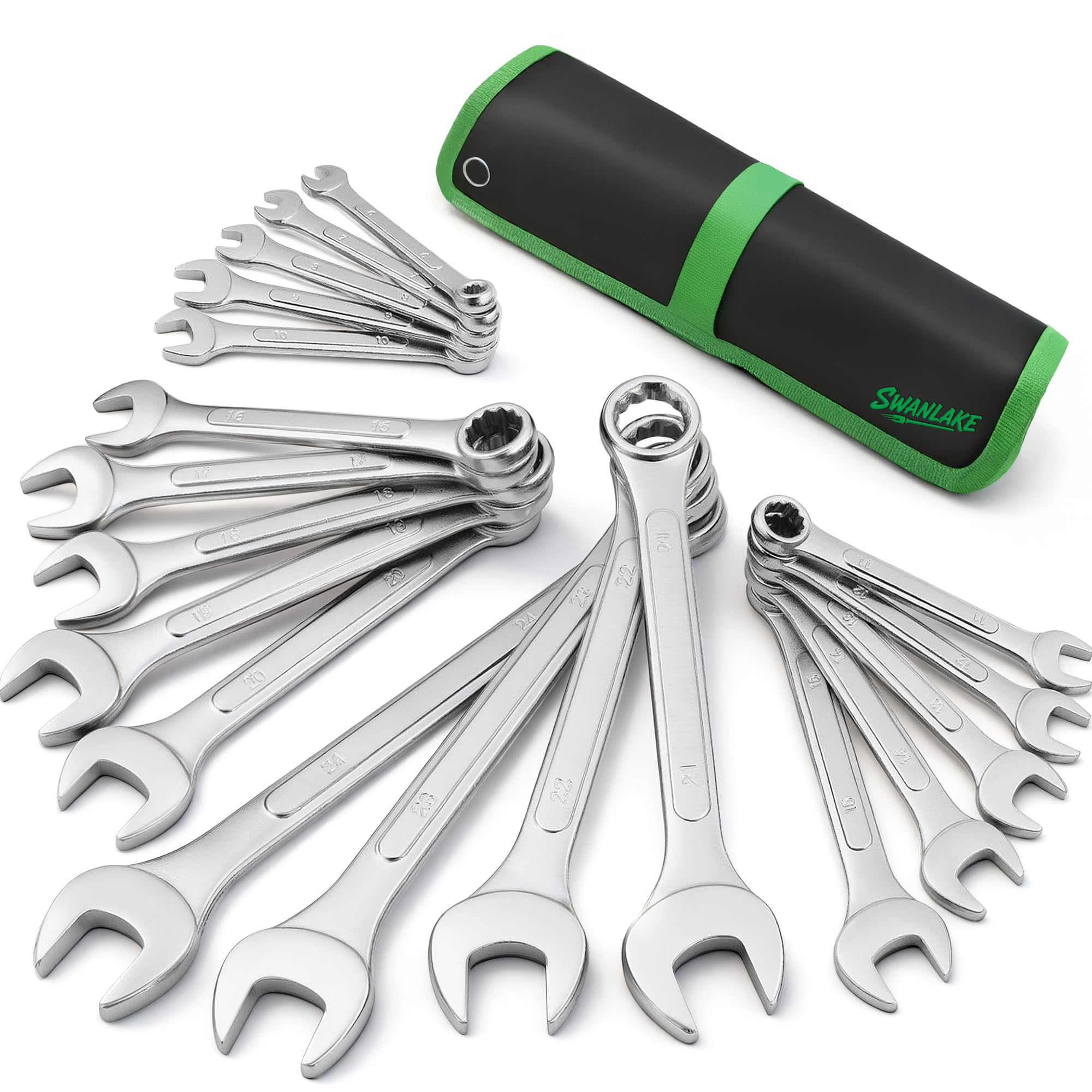 19-Piece Metric Combination Wrench Set, 6-24mm Standard Spanner Wrench Set, Mechanic Tool Sets with Rolling Pouch, Open End Wrenches for Household, Garage, Workshop, Auto Repairs
