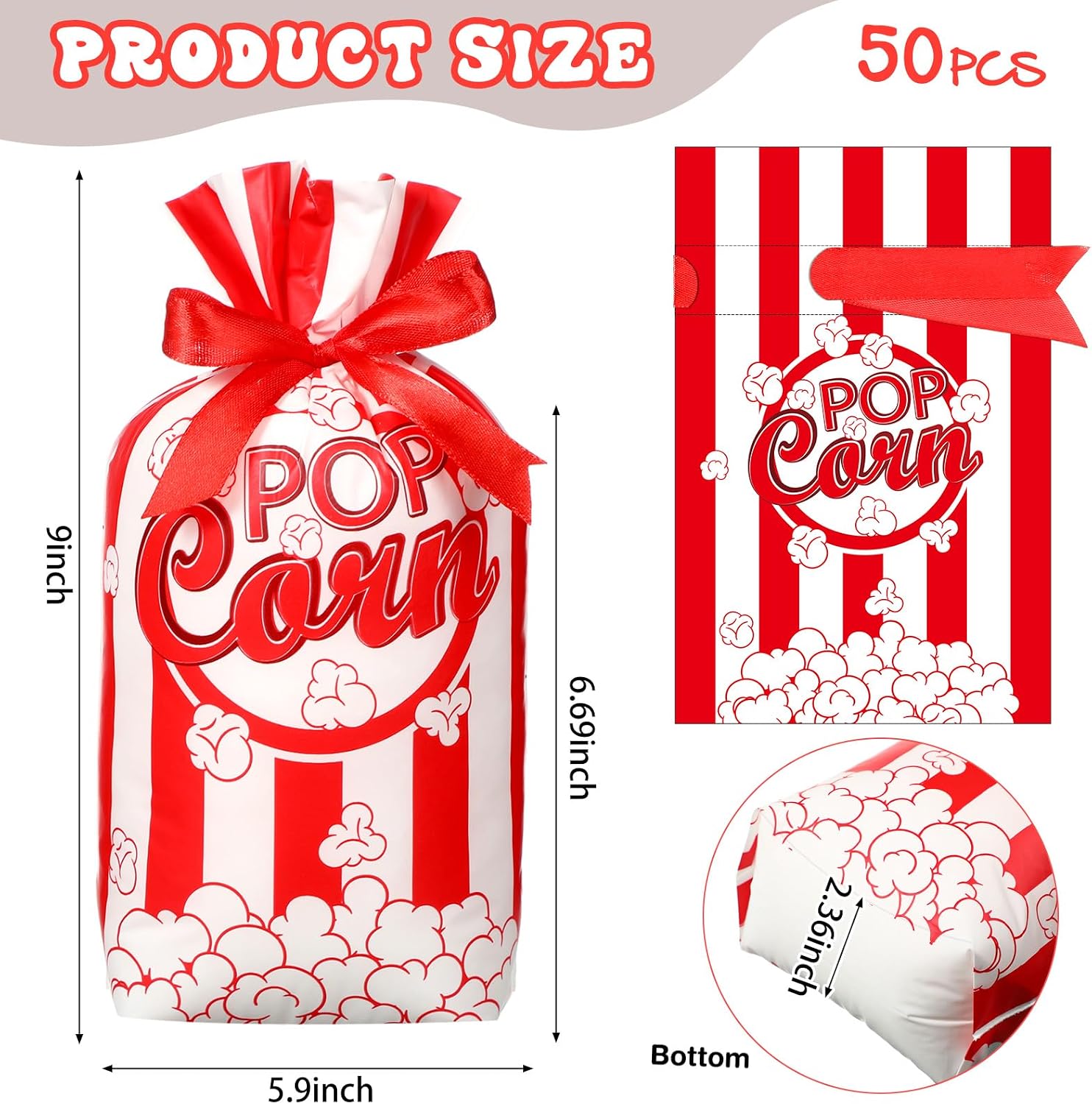 50 Pcs Popcorn Plastic Bags Circus Carnival Party Bags, Red image 2