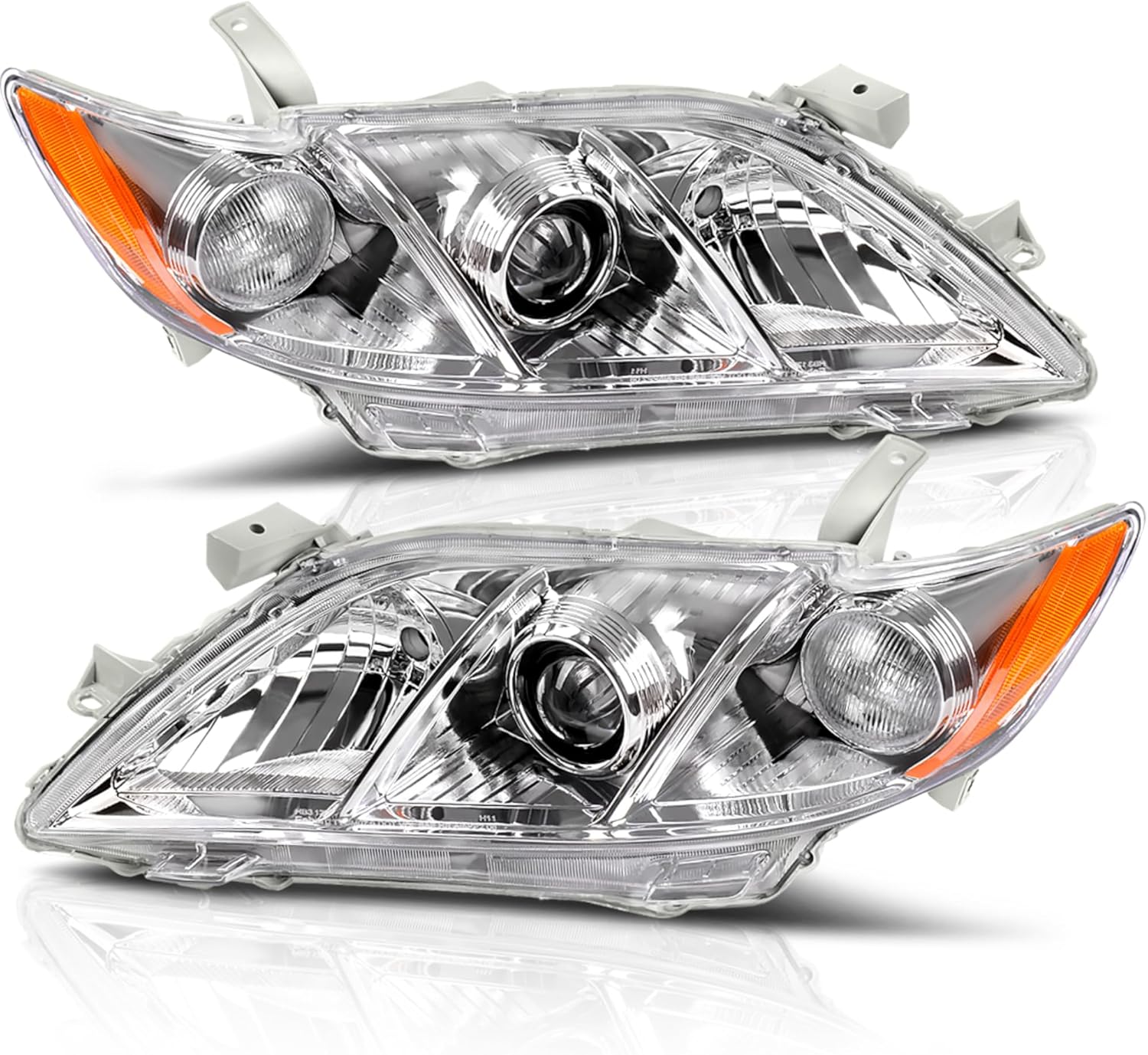 AUTOSAVER88 Projector Headlight Assembly Compatible with 2007 2008 2009 Camry 07 08 09 Camry (Exclude Hybrid) Replacement Headlamps Left and Right Pair Chrome Housing Amber Reflector Clear Lens Fit 07-09 Camry Chrome Housing Amber Reflector Clear Lens