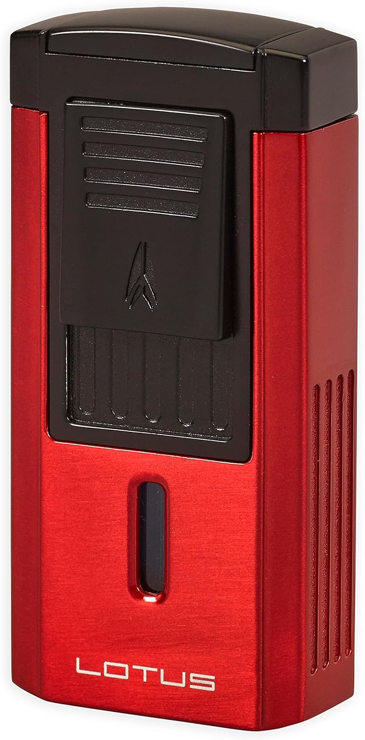 Lotus Duke V Cigar Lighter with Triple Pinpoint Wind-Resistant Torch Flames, Single Action Ignition, Integrated V-Cut Cutter, Tinted Fuel Level Window (Anodized Red & Polished Black)