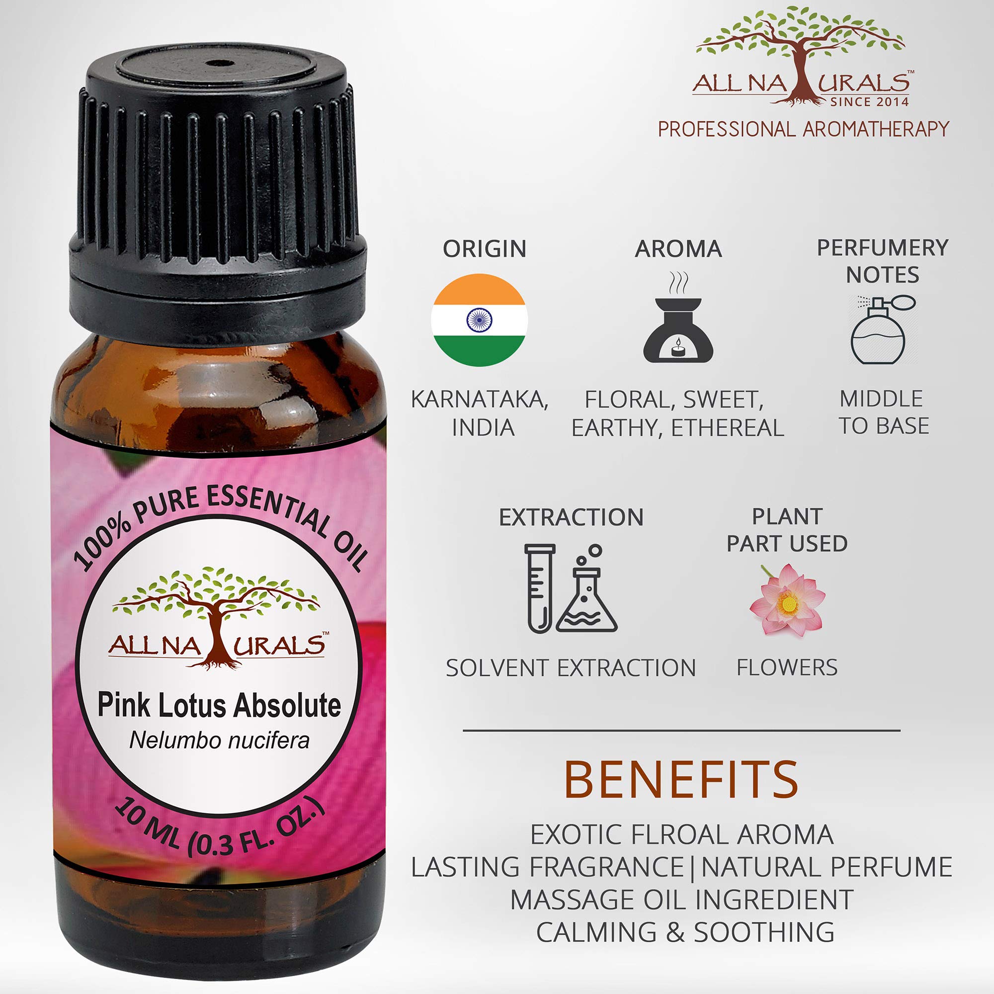 All Naturals Pink Lotus Absolute Essential Oil (Kerala) 100% Pure, Lasting Exotic Floral Aroma For Natural Perfumes, Massage Oils, Attars, Diy Skincare & Diffusers - 10 Ml|N-Hexane Extracted