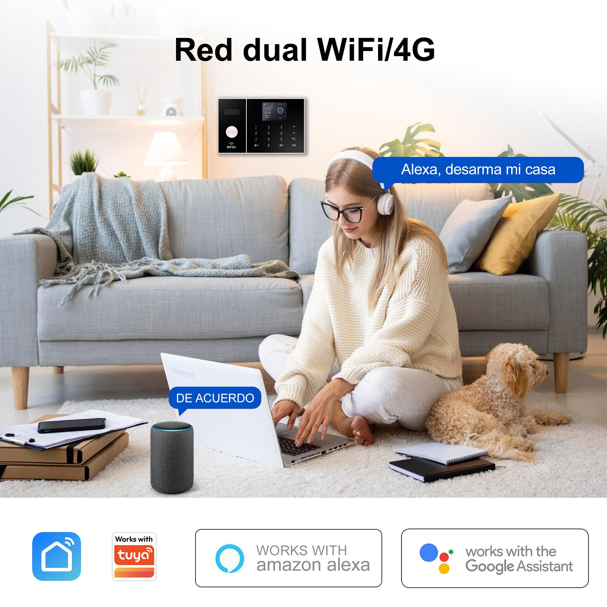 XUK Sistema de Alarma Inalámbrico 4G/GSM/WiFi para Casa/Apartamento, Seguridad Inteligente con Sensores de Puerta/Ventana y Detector Movimiento PIR, Compatible con Alexa/Google Home, Fácil Instalación
