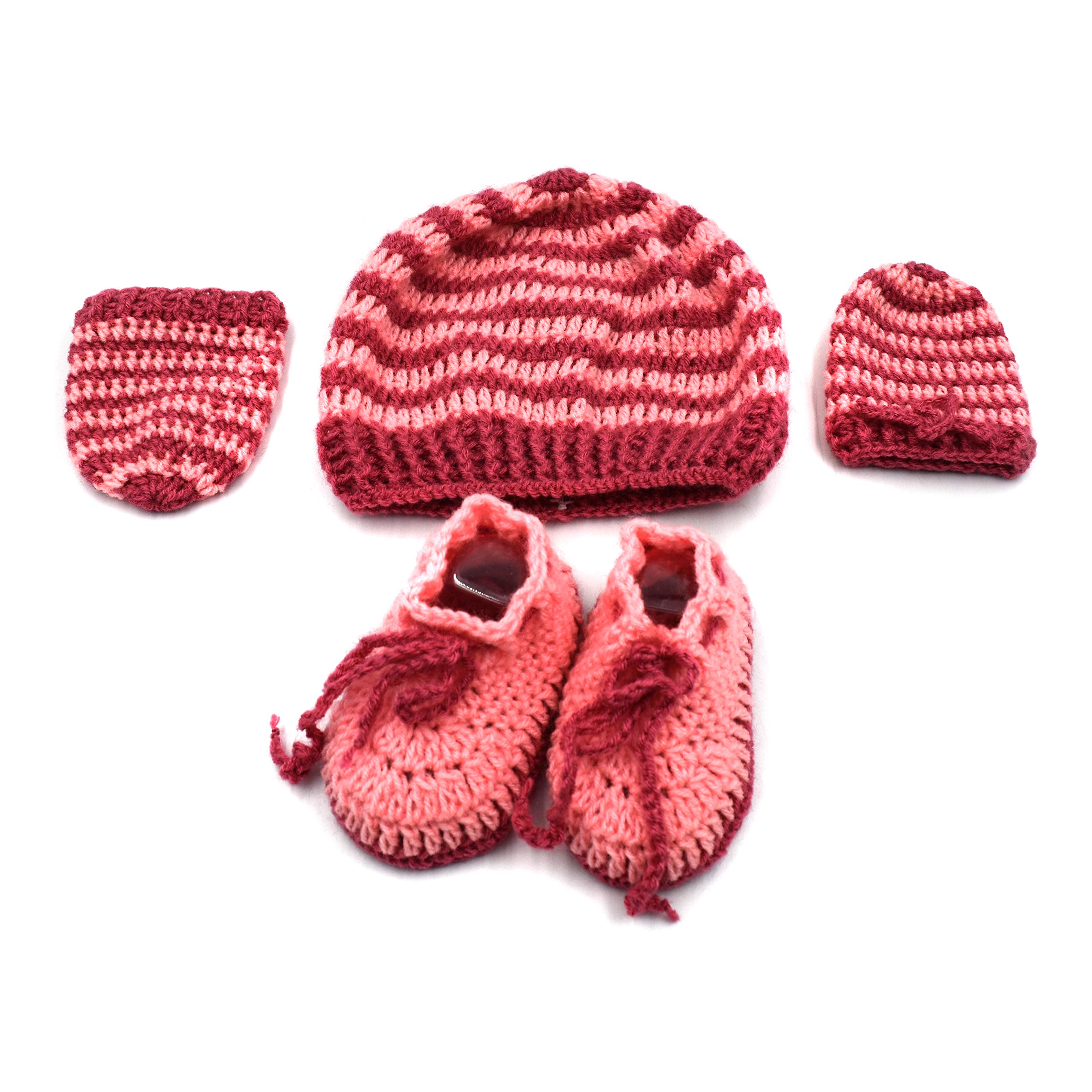 Magic Needles Handmade Knit Crochet Indian Yarn Baby Booties, Mittens and Cap Baby Gift Set (6-12 Mths Cap Circ. - 50 cms, Toe to Heel 12 cms, 1344 Purple/Peach)