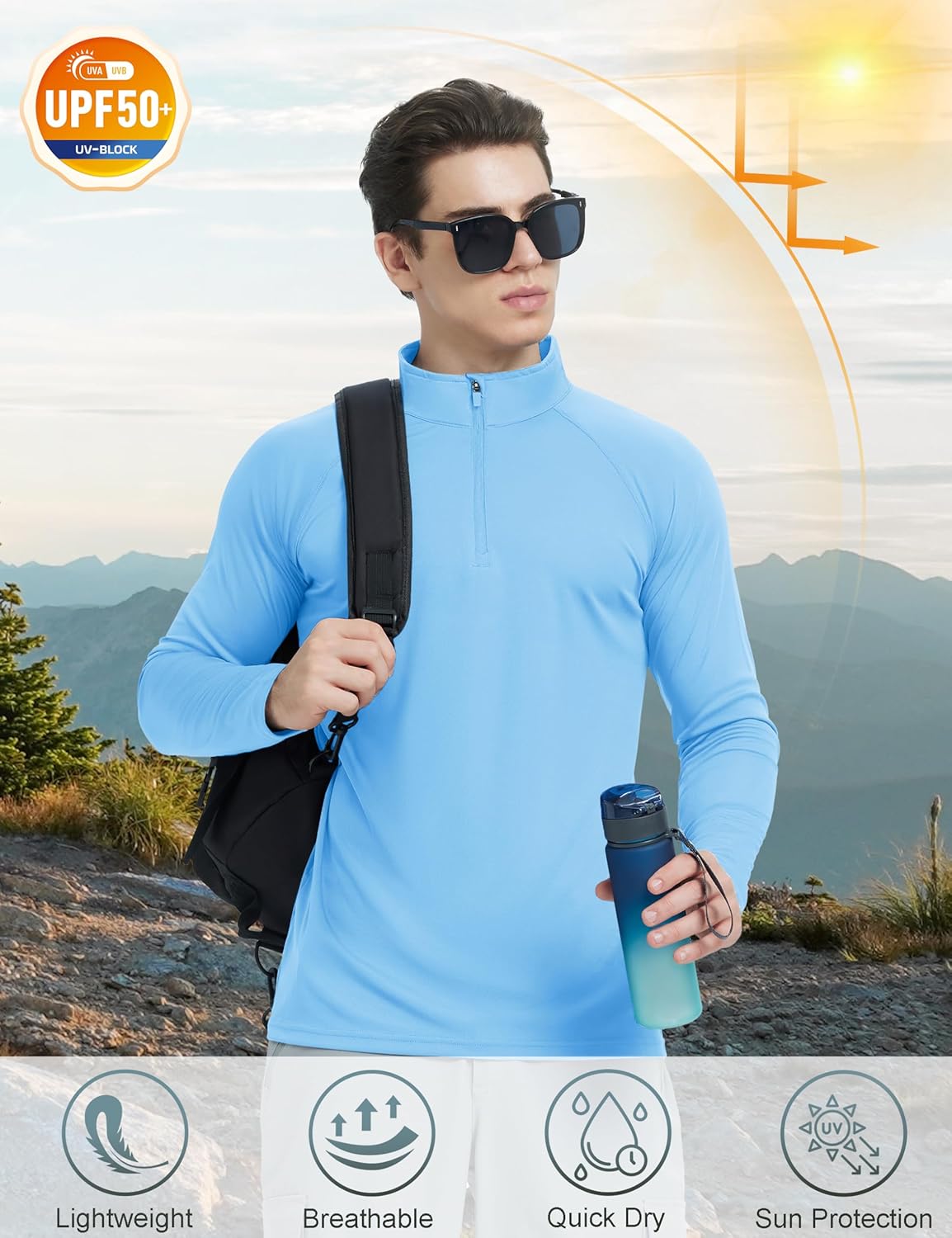 KEFITEVD Men's UPF 50+ Sun Protection Shirts Long Sleeve 1/4 Zip Up T-Shirt Quick Dry UV Fishing Running Rash Guard - Image 2