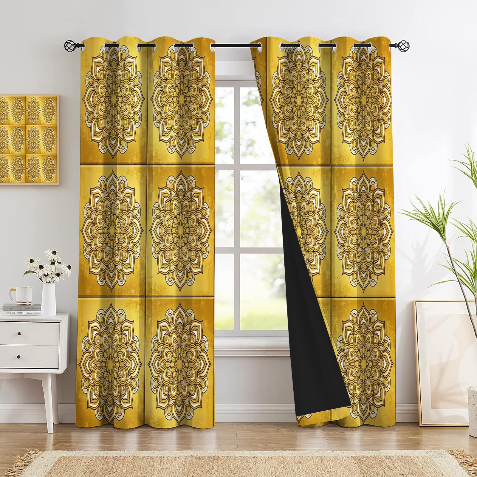 Rideau Occultant Obscurcissant, Mandala Rectangle Géométrie De Luxe 2 Panneaux À Oeillets, Anti Froid Chaleur Bruit, Décoration Salon Chambre