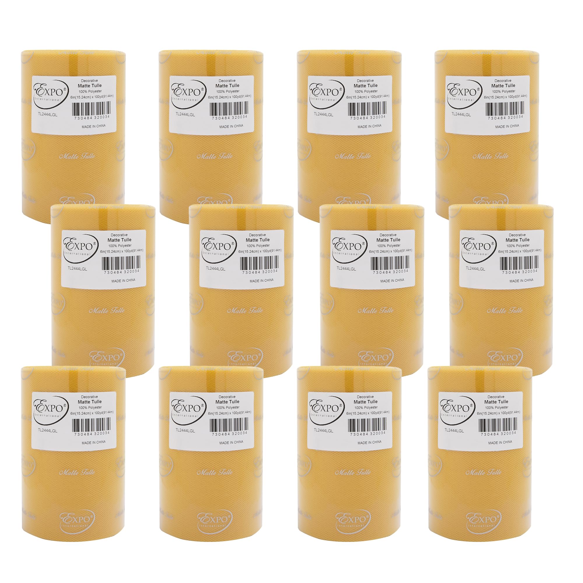 Expo International Decorative Matte Tulle, Roll/Spool of 6” X 100 Yards, Lightweight Polyester Tulle Fabric for Tutus, Costumes, and Party Decorations, Washable, Easy-to-Use, Pack of 12, Light Gold