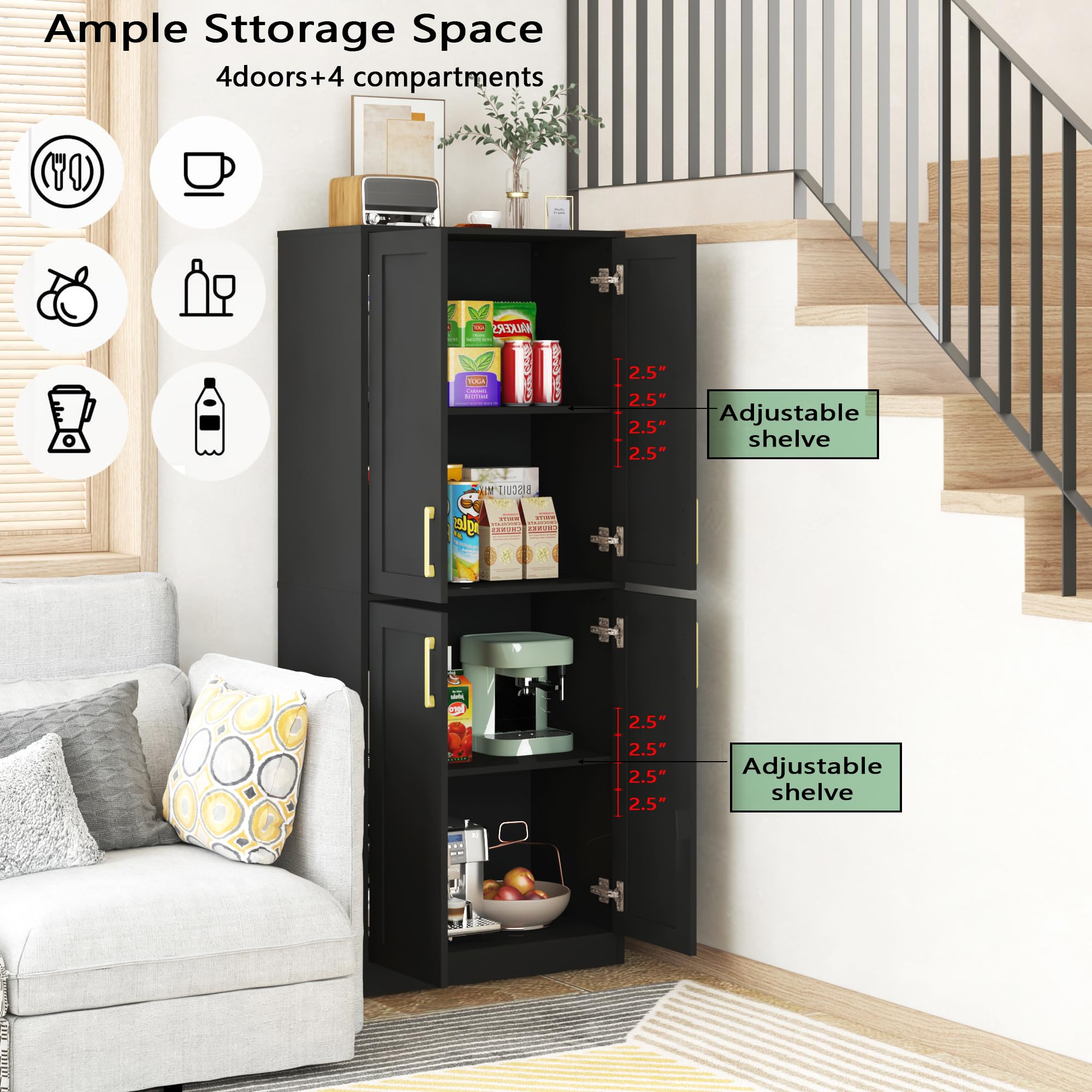 Armario de almacenamiento alto con puertas y estante para baño, sala de estar, entrada - negro 2