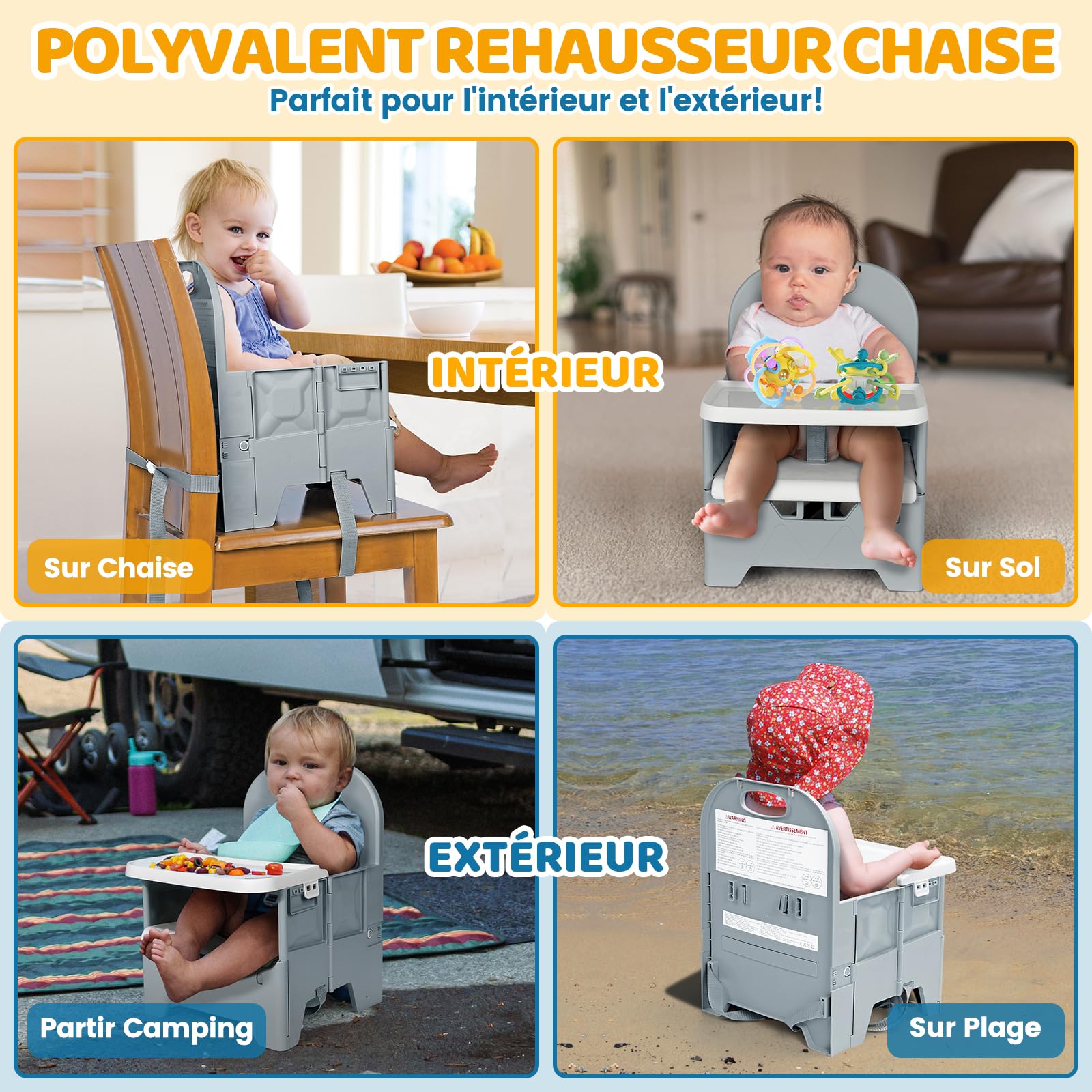 Orzbow Pliable Rehausseur de Chaise Bebe,Stable Chaise Bebe de Table avec Plateau de Repas,Matériau ABS,Construction Robuste,Facile à Utiliser,pour Les Bébés de 36 Mois Maximum et de 15 kg,Gris