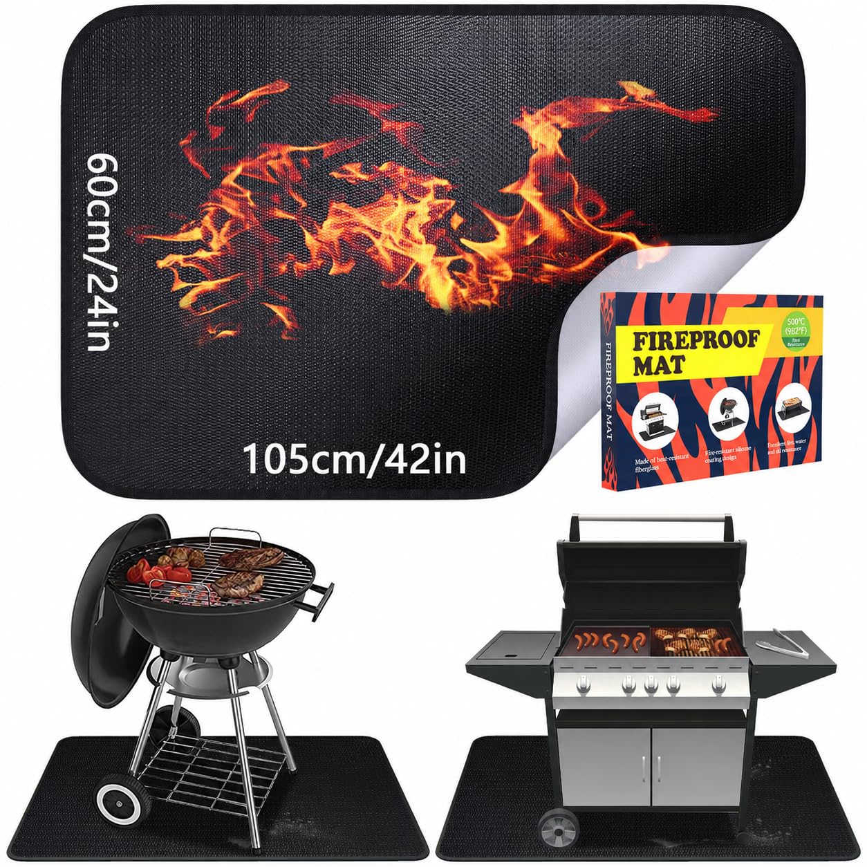 Tapis de Protection Thermique Pliable 60x105 cm Ignifuge Anti-étincelles pour Barbecues Poêles à Bois Sol