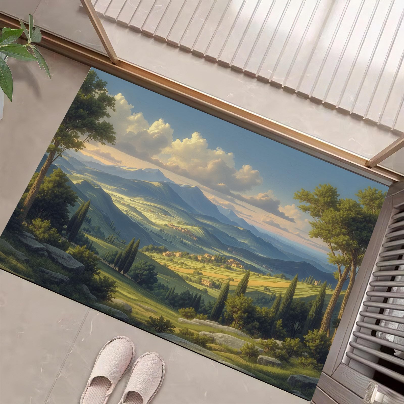 Paillasson Vert 90x150cm à Motif Paysage Italien | Tapis d'Entrée Intérieur Antidérapant