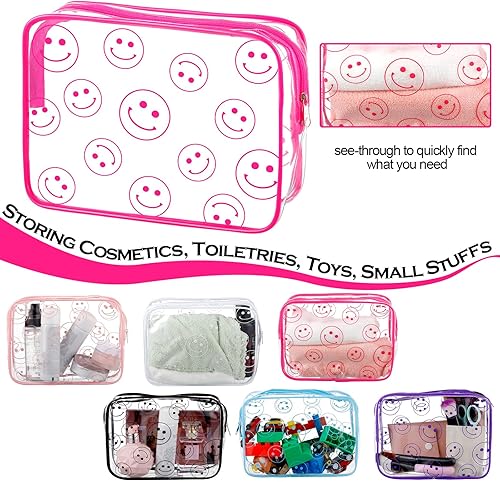 Miniatura 5 de Cunno 6 bolsas de maquillaje de Navidad, regalos para mujeres, bolsas de maquillaje transparentes con cara sonriente bohemia, flamenco, cosméticos