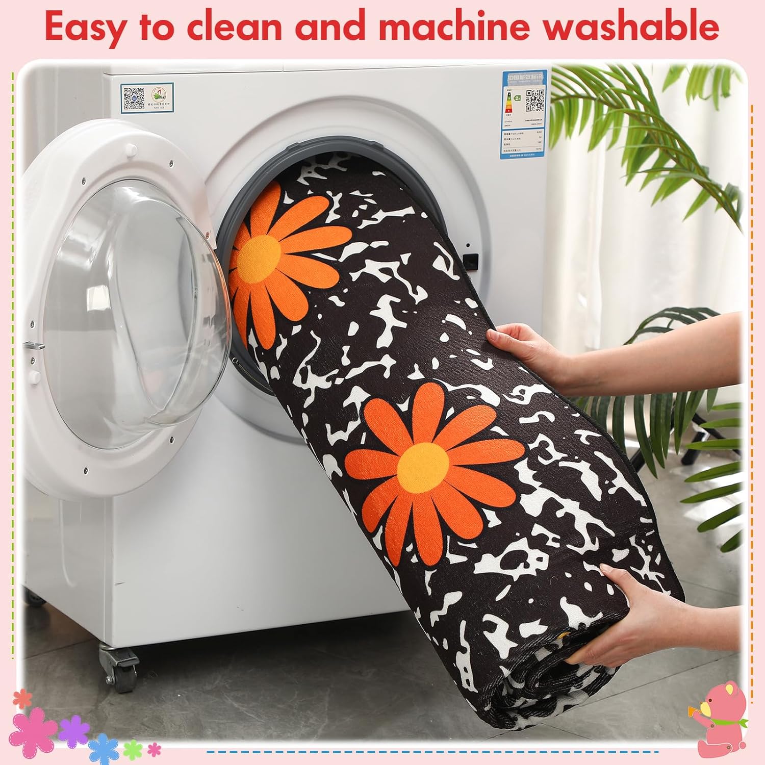 7.6 x 5 Ft Classroom Rug Colorful Daisies Black Room Area Rug Non Slip Flower Carpet Crisscross Large Play Mat for Daycare Teaching and Playroom