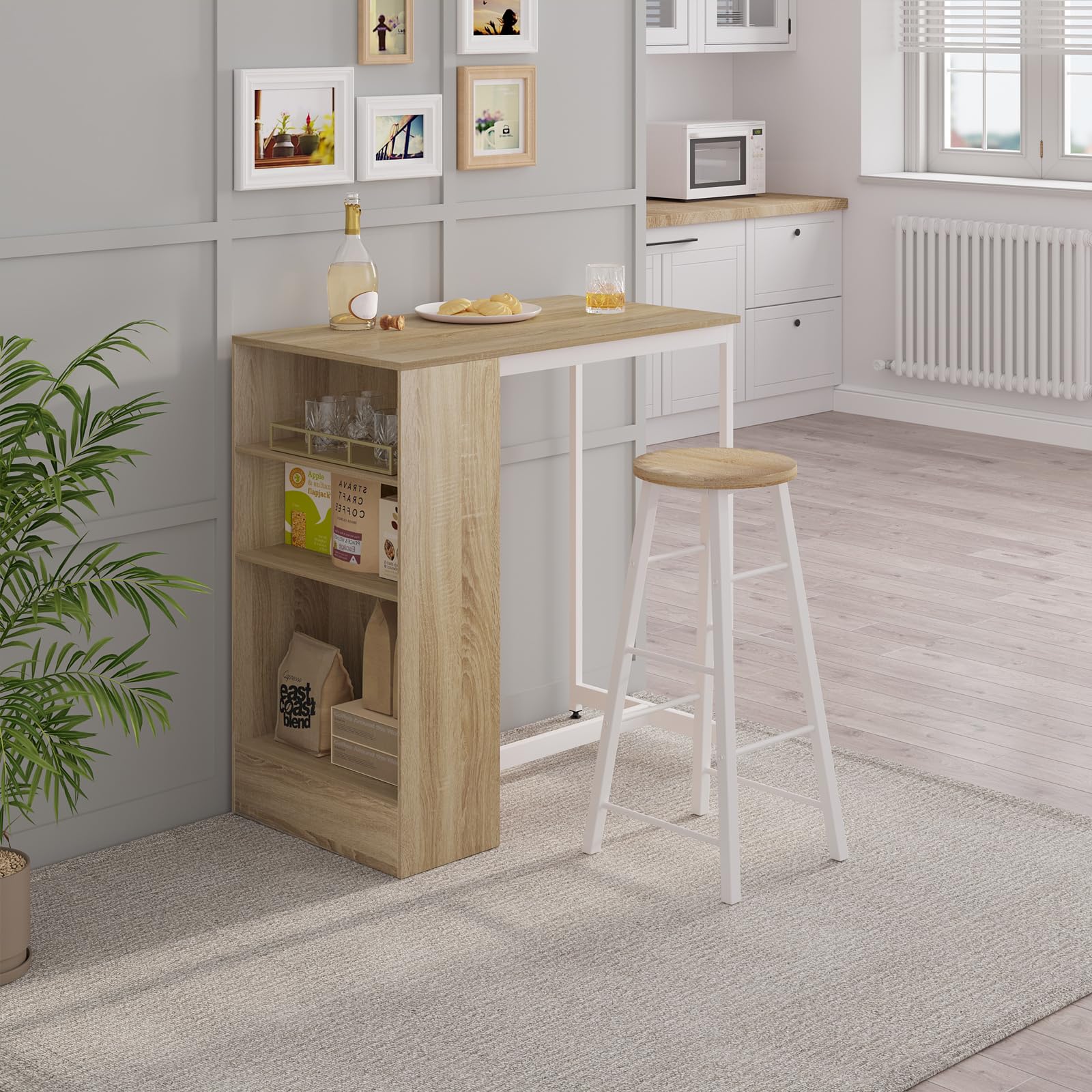 WOLTU Bartisch 90 x 50 x 90 cm, Stehtisch mit 3 Ablagen, Bistrotisch Bartheke aus Metall & Holz, Küchentheke Tresentisch für Bar Küchen Wohnzimmer, Helle Eiche+Weiß