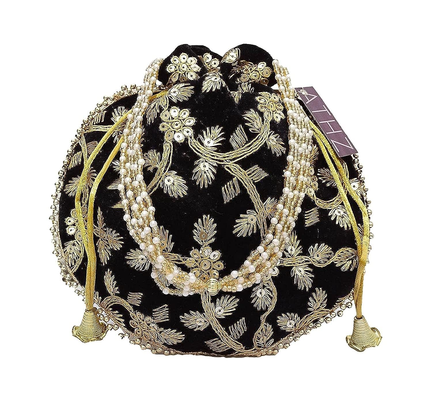 ATHZ Potli Bag Velvet Golden Work Wedding Potli for Ladies (Dark Bright Black, Beige, Blue) - Handbag