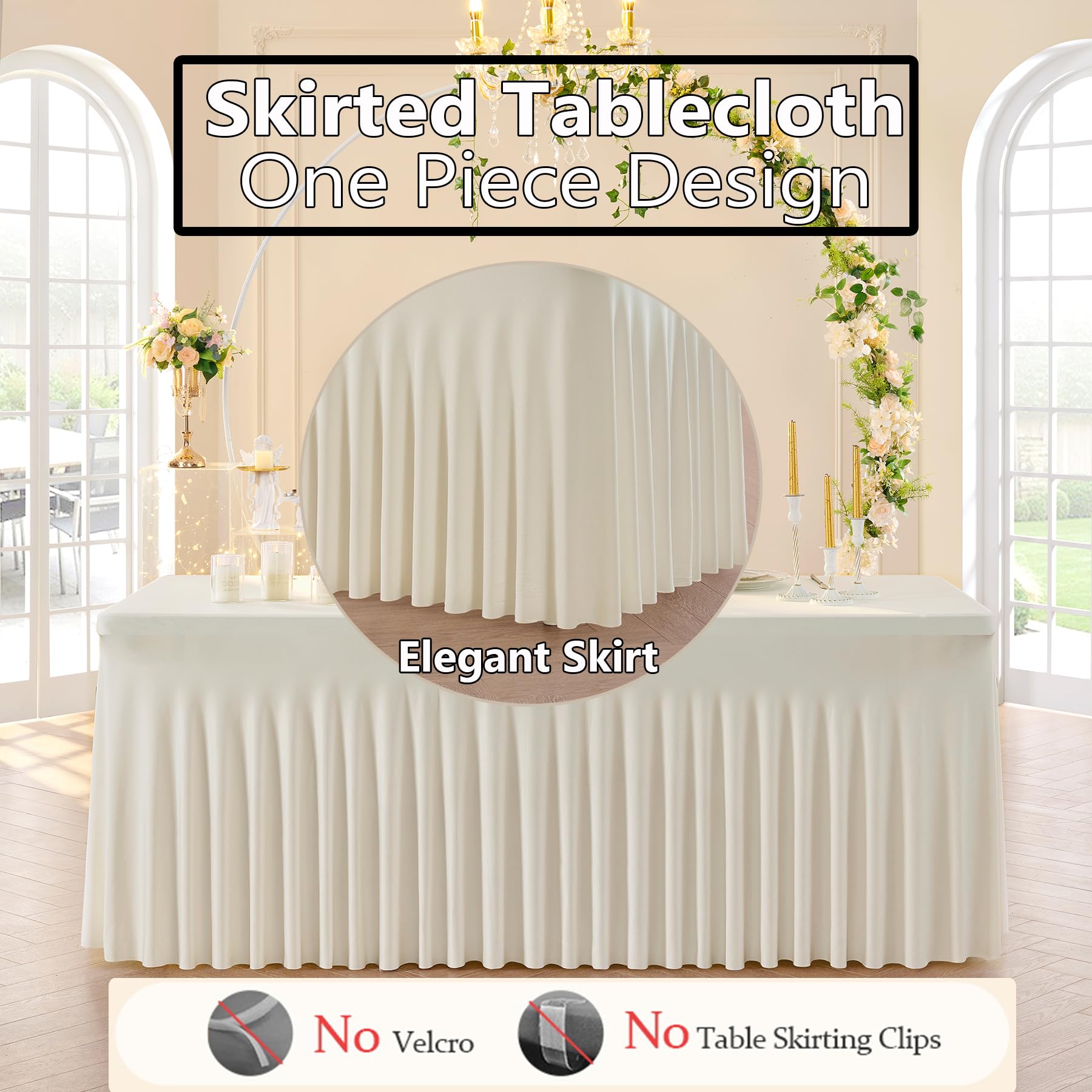 6-Pack Elfenbein Spandex Tischdecke für 180cm Rechteck Tische, Faltenfreie Stretch Tischdecke mit Rock für Bankett Party Hochzeit Geburtstag Meeting Display Dekoration Tischdecken