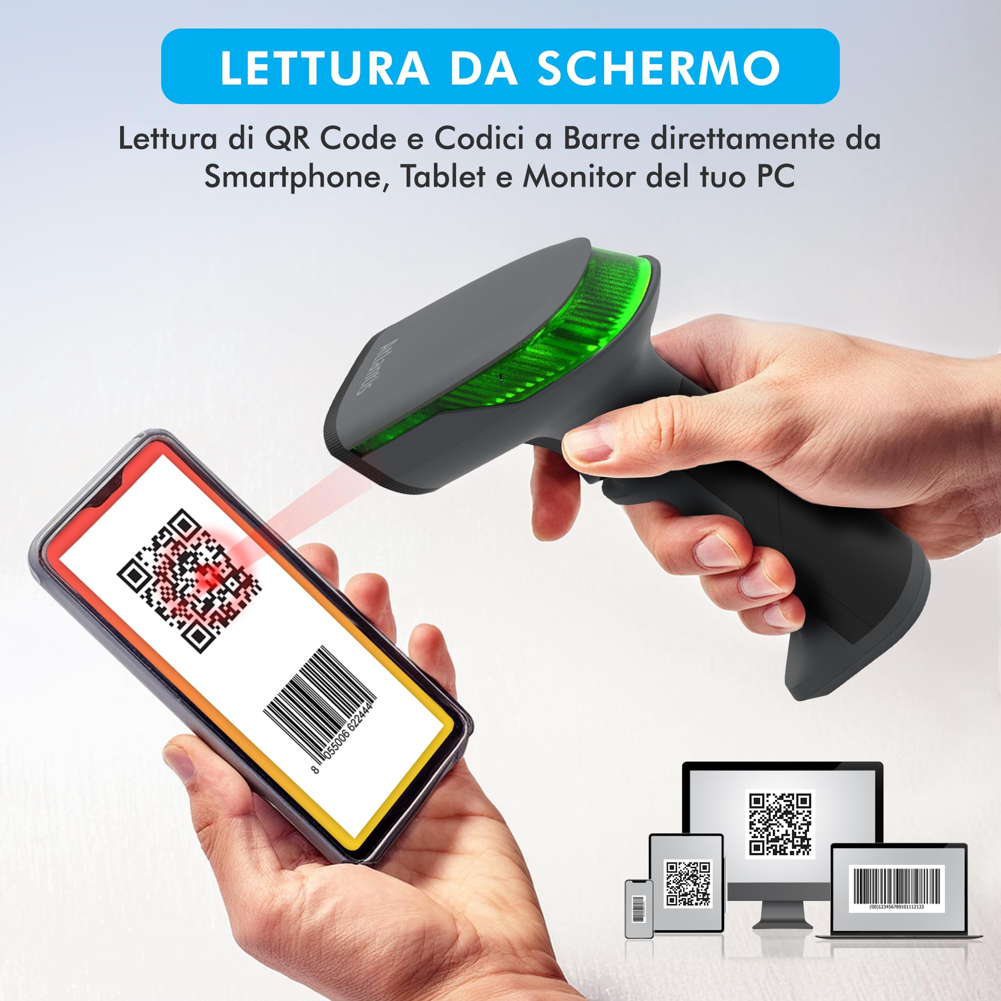 Atlantis A08-LD230P-2D-W Lettore Codici a Barre Barcode reader scanner Wireless 1D e 2D Ottico Prof (640x480), 60 fps, legge da smartphone e display, codice farmaceutico, collegamento USB,guida rapida