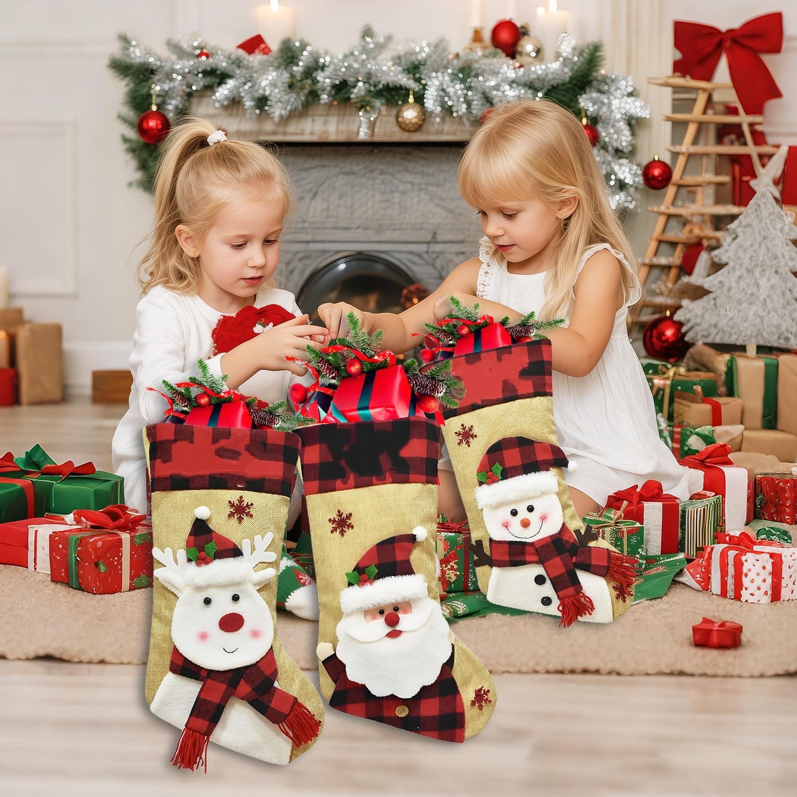 46 cm Große Weihnachtsstrumpf zum Aufhängen & Befüllen - Familie Weihnachtssocken Kinder - Nikolausstiefel Weihnachtsdeko Kamin - 4 Stück