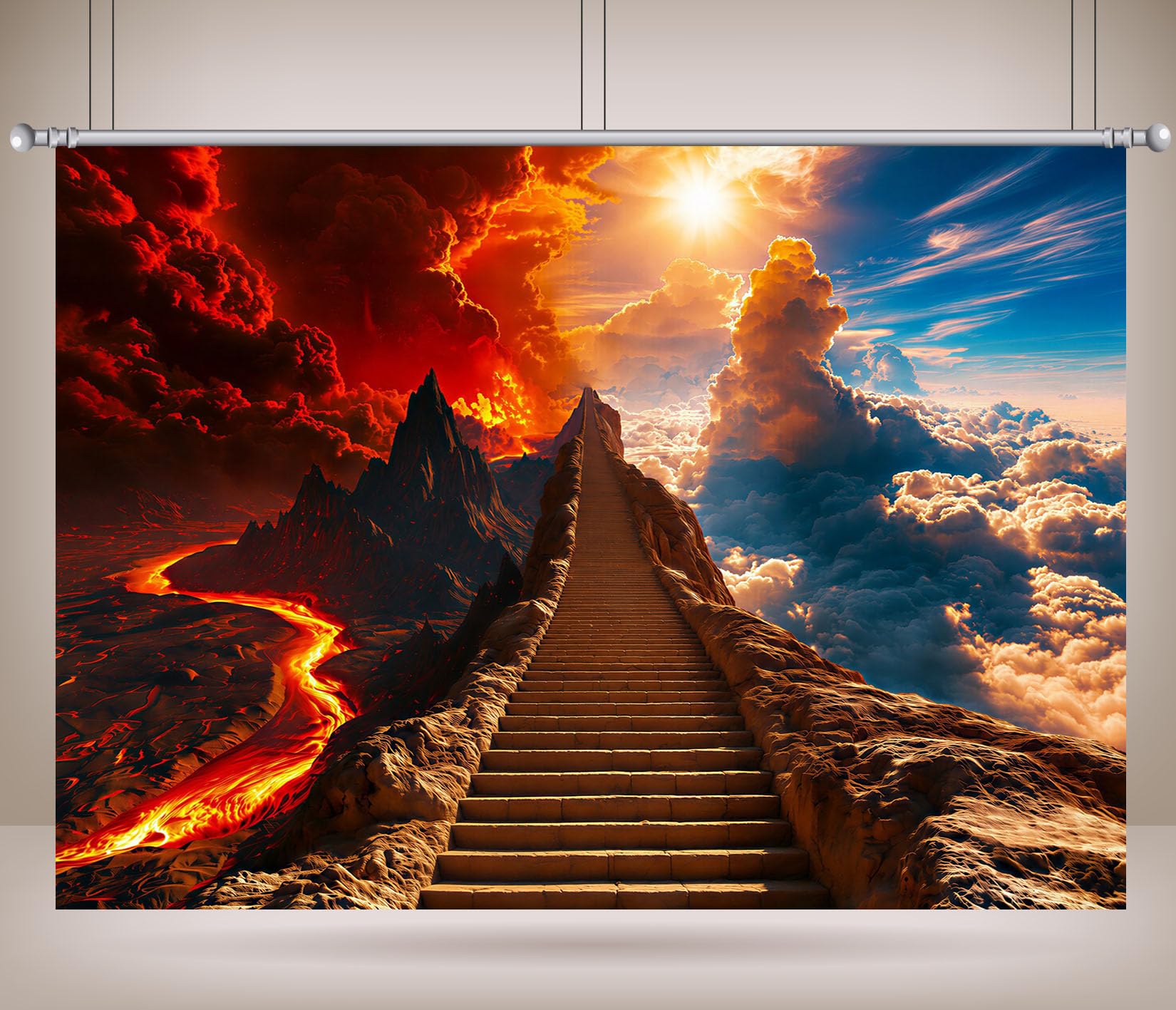 12x10FT (3.6x3m) Scala Tra Cielo E Inferno Sfondo Fotografico | Sentiero Tra Due Mondi Fondale In Tessuto,Lava Vulcanica E Orizzonte Luminoso,Feste Fantasy,Personalizzabile,Photo Booth