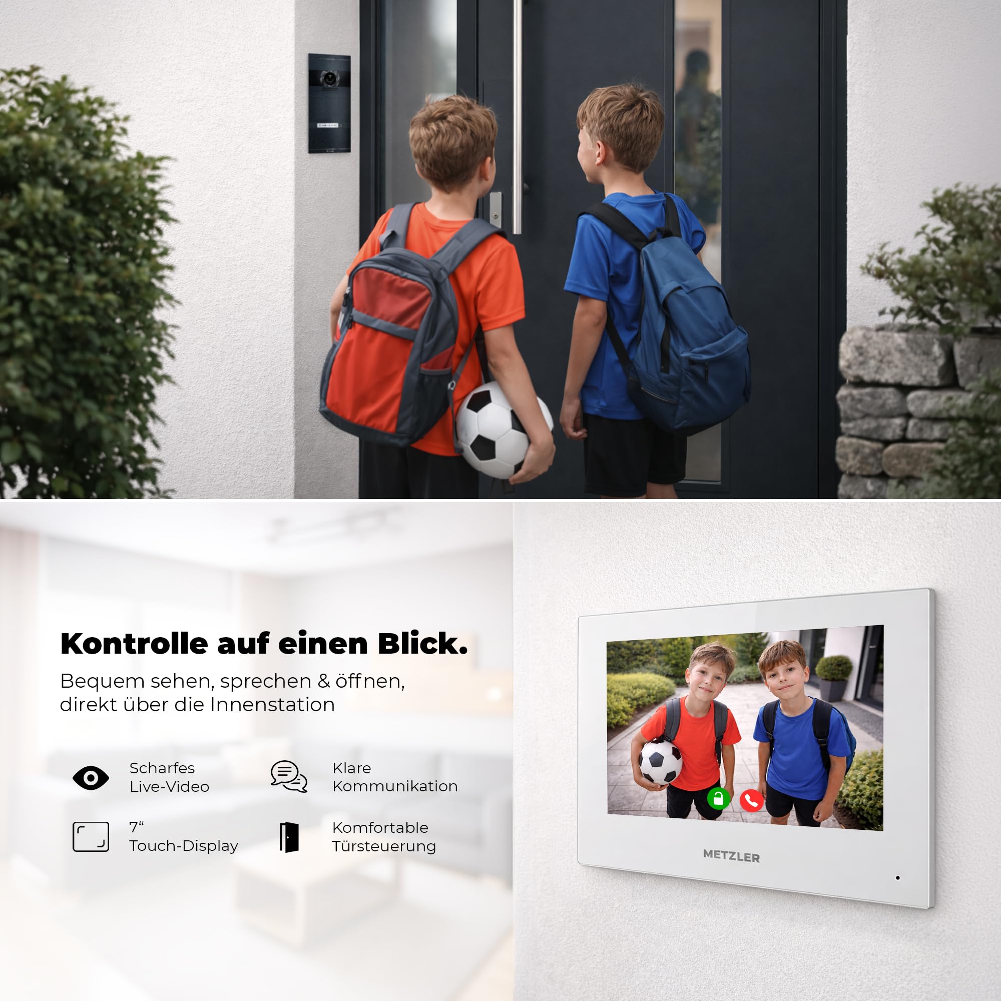 Metzler VDM10 2.0 Video Sprechanlage Komplett Set mit Laser Gravur Namensschild - Anschluss 2-Draht - Türsprechanlage mit HD-Kamera und Bildschirm für 3 Familienhaus, aus rostfreiem V2A Edelstahl