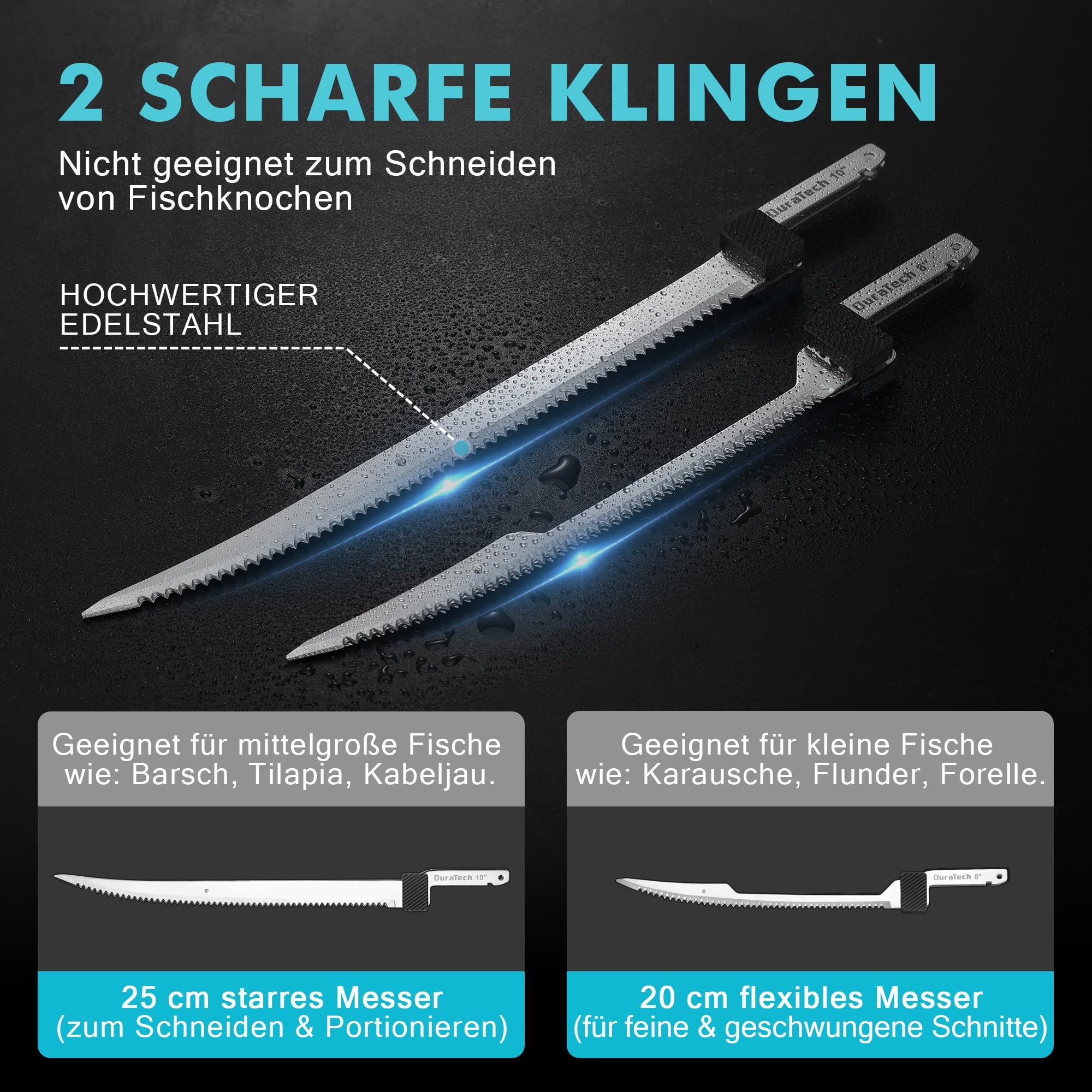 DURATECH Elektromesser Akku Filetiermesser, Kabelloses Fischmesser, 12V Elektrisches Messer Fischfiletiermesser mit 2 Edelstahlklingen, Rutschfestem Griff und Aufbewahrungsbox zum Filetieren von Fisch