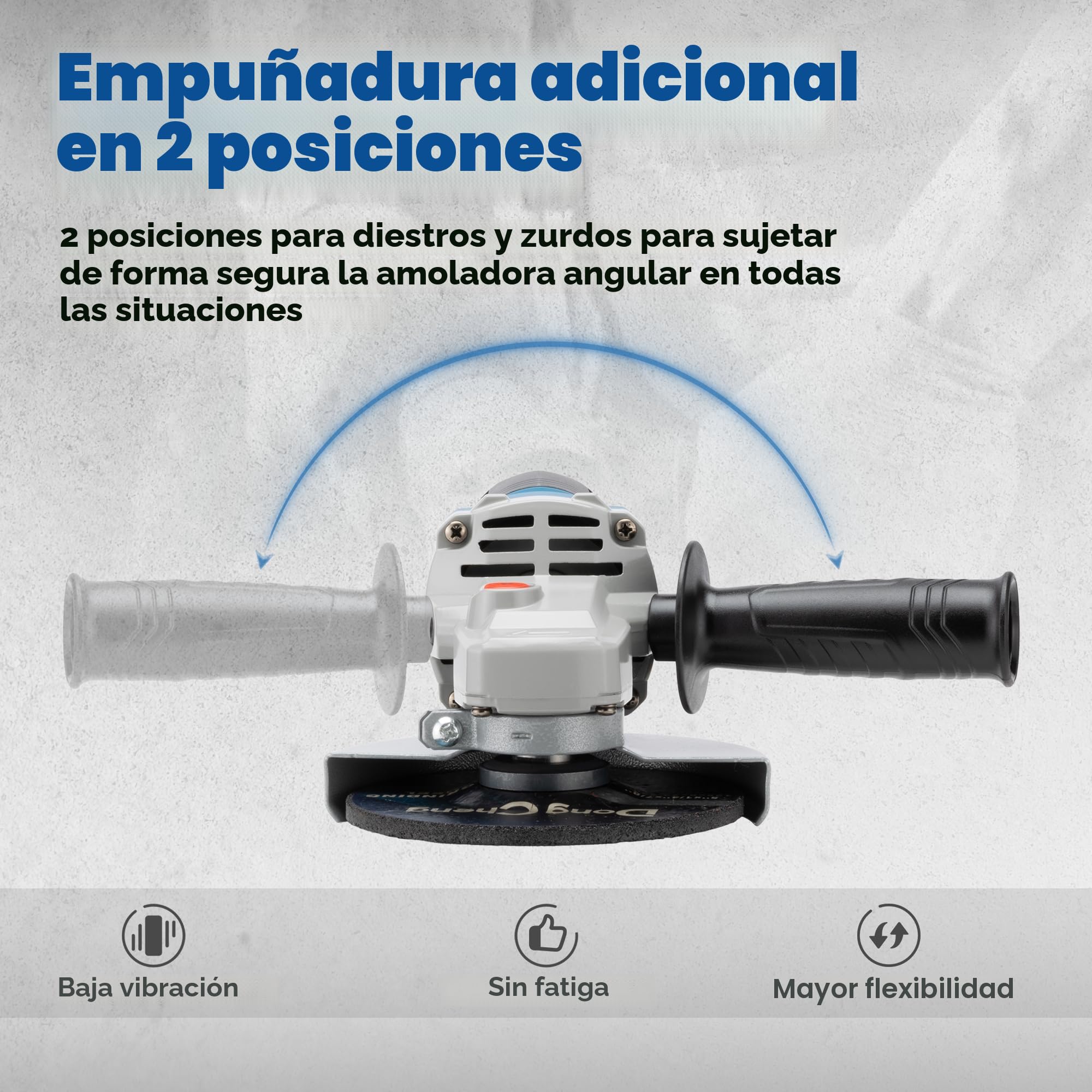 DongCheng amoladora angular de 1100W, 125 mm, velocidad en vacío 11.800 min⁻¹, cubierta de liberación rápida, mango auxiliar, con 2 discos de lijar, 2 de aletas y 2 de corte