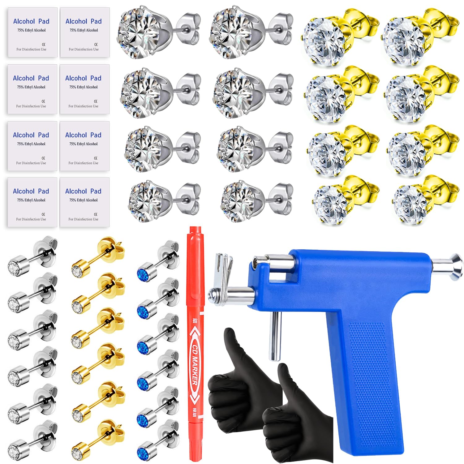 AmuoneSelf Ear Piercing Gun Kit-Professional Salon and Home Use Peircings Gun Tools Kit with 17 Pairs of Diamond Stud Earrings Set for Ear Nose Lip Piercing