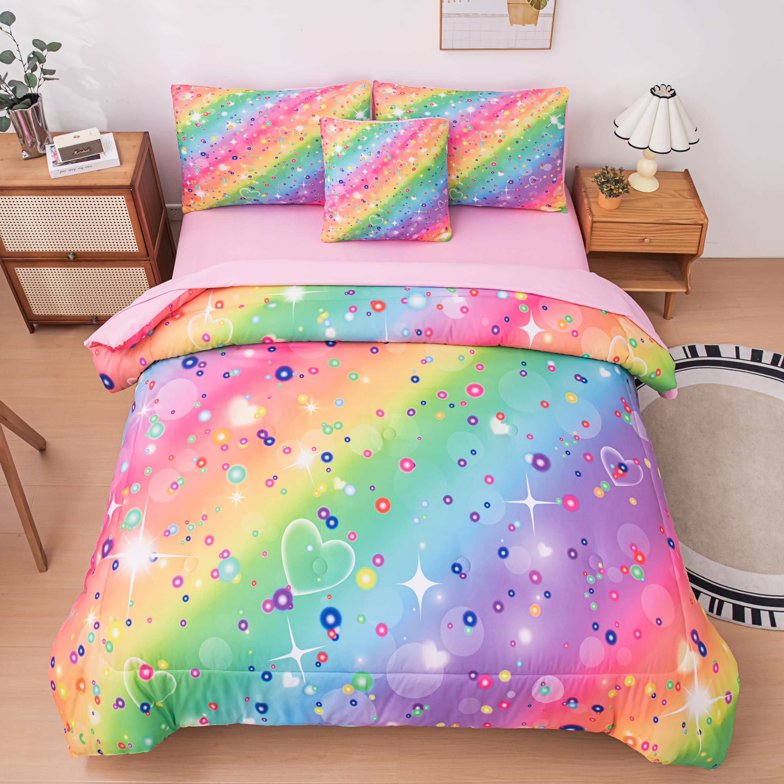 MWMWMW 6 Pcs Girls Twin Comforter Set, Colorful Rainbow Galaxy Bedding Sets, Twin Bedding Sets for Girls Kids with 1 Comforter, 1 Flat Sheet, 1 Fitted Sheet, 1 Pillow Cover, 2 Pillowcases