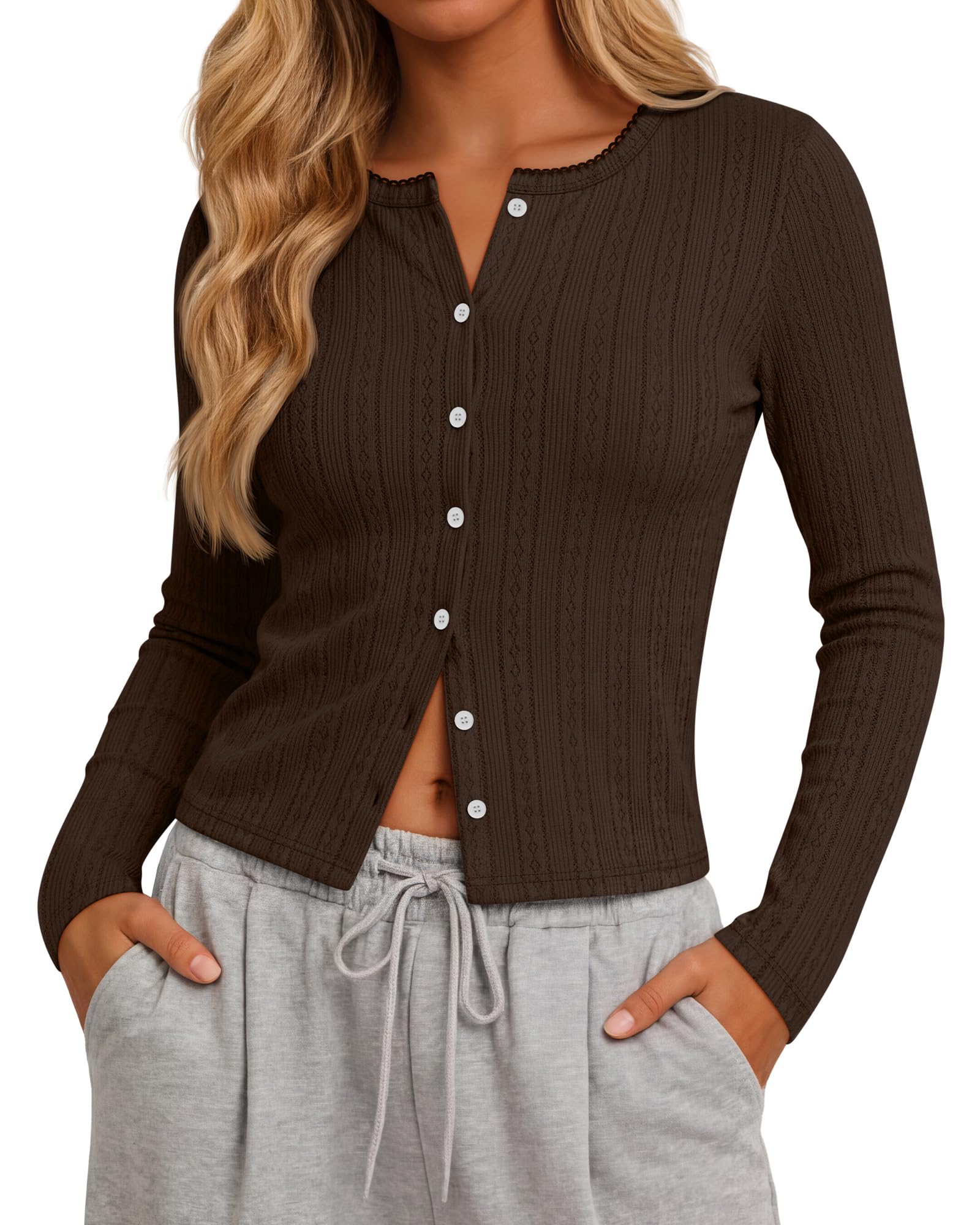 Womens Lightweight Crew Neck Cardigan Long Sleeve Button Down Shirts Cute Slim Fit Knitted Y2K Tops