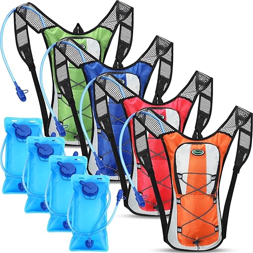 Chunful Paquete de 4 mochilas de hidratación con bolsa de agua de 2 litros, mochila de agua de hidratación deportiva con bolsa de agua para hombres