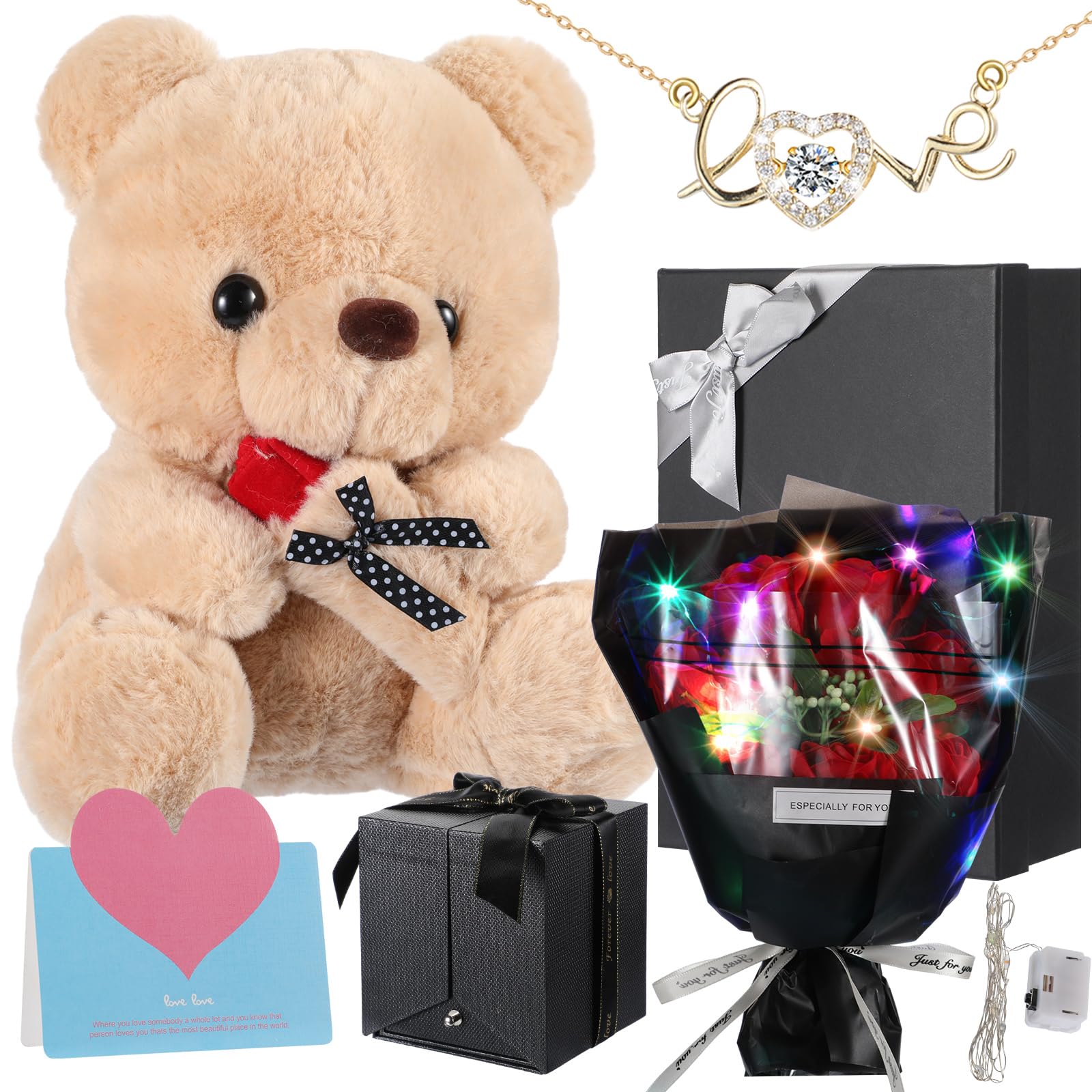 Shappy 5 Pieces Valentine's Day Preserved Red Flowers with Bear Doll Love Necklace Valentine's Day for Mom Wife Girlfriend Christmas Valentines Mother's Day Anniversary