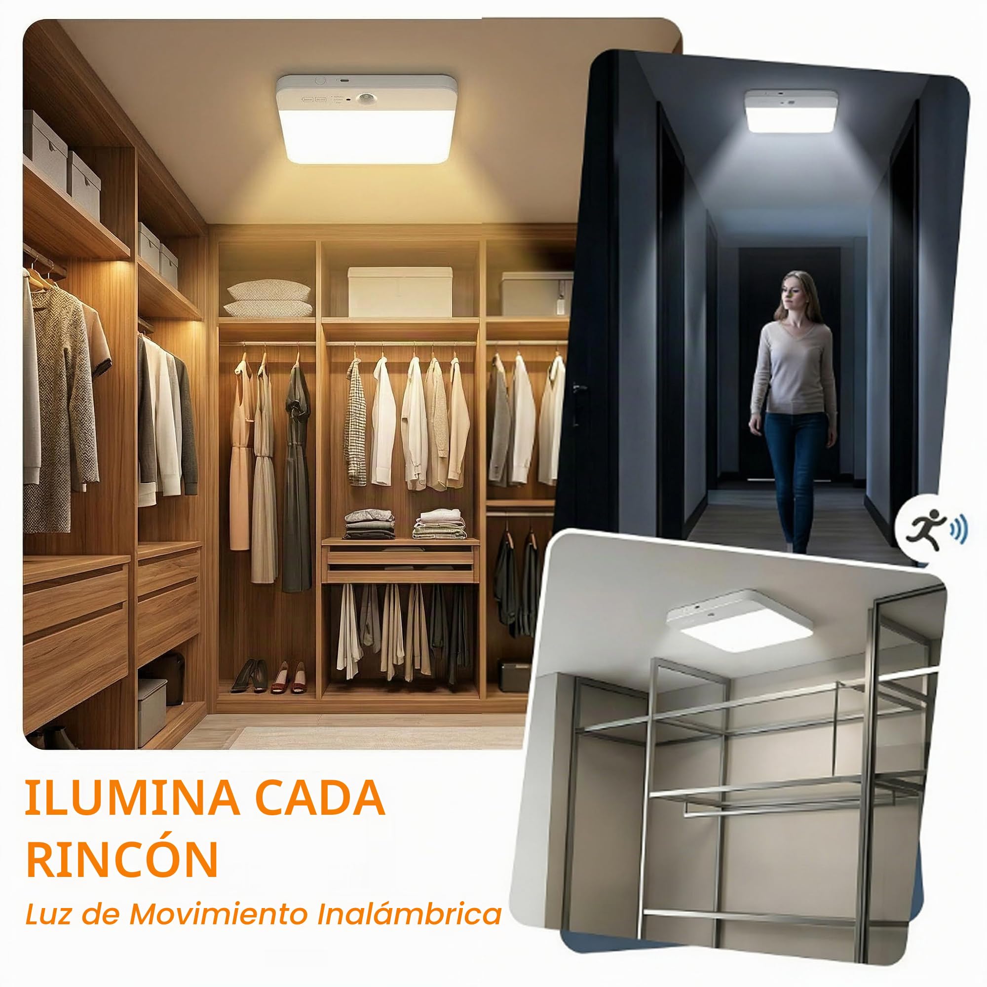 Plafón LED de Techo Recargable con Sensor de Movimiento, Lamparas a Pilas | Iluminación sin Cables con Mando a Distancia, 6000 mAh, 3000K/4000K/6000K, Lámpara Baño, Pasillo y Dormitorio