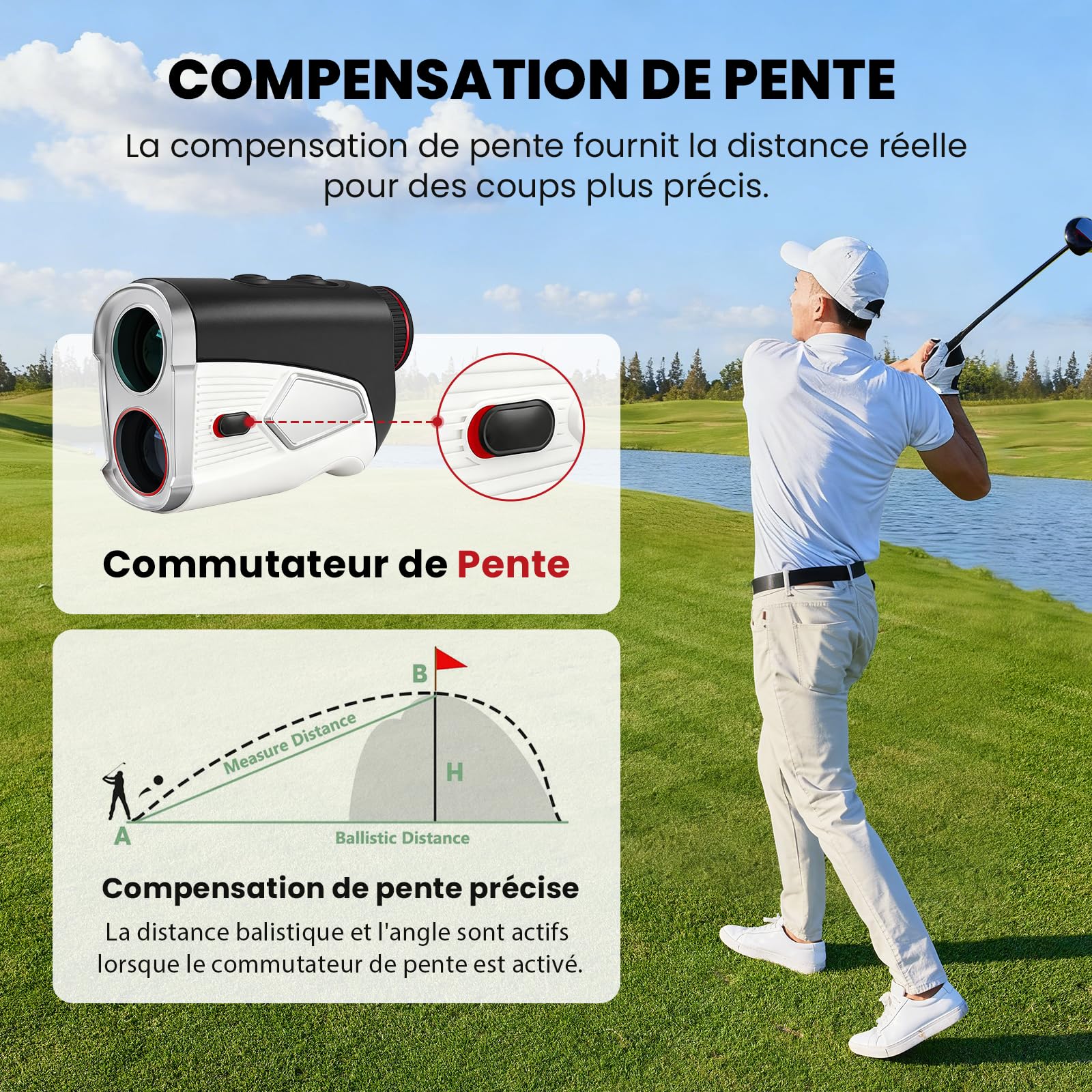 Télémètre de golf avec pente marche/arrêt, 1 374 m, grossissement 7x, haute précision, pour golf/chasse, verrouillage de drapeau avec vibration, télémètre de golf portable, rechargeable
