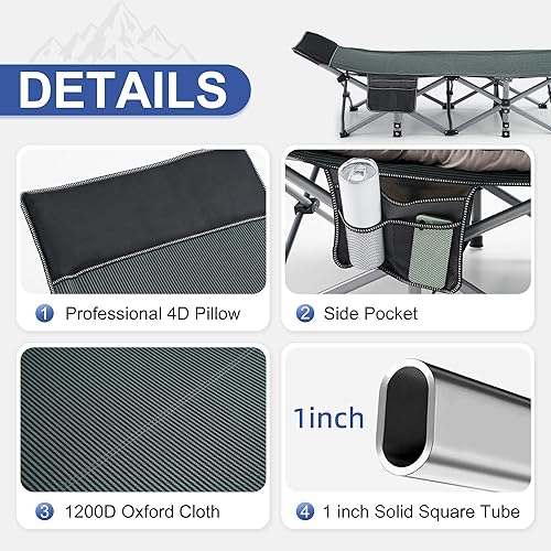Miniatura 5 de Catre plegable para adultos, cama portátil para exteriores, catres de dormir resistentes para campamento con almohada y bolsa de transporte, Oxford