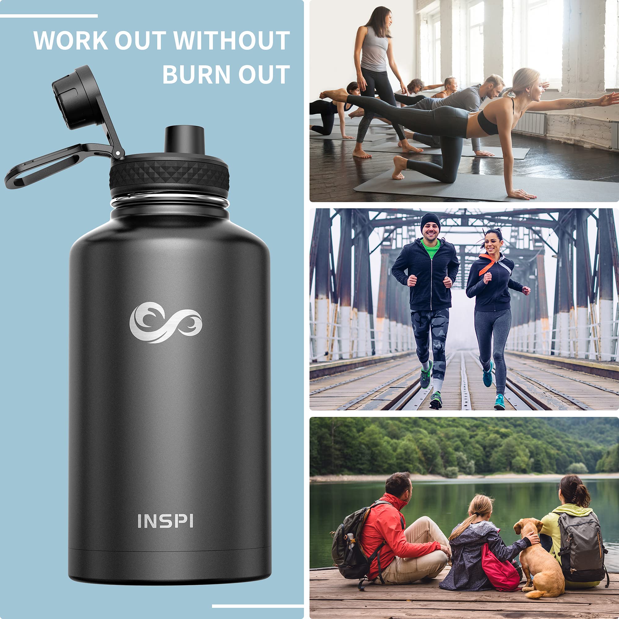 INSPI Isolierte Wasserflasche mit Strohhalm-Auslauf-Griff, 1,8 l, Edelstahl-Wasserflasche, 1,8 l, breite Öffnung, hält Flüssigkeiten für 48 Stunden kalt oder für 24 Stunden heiß, schwarz