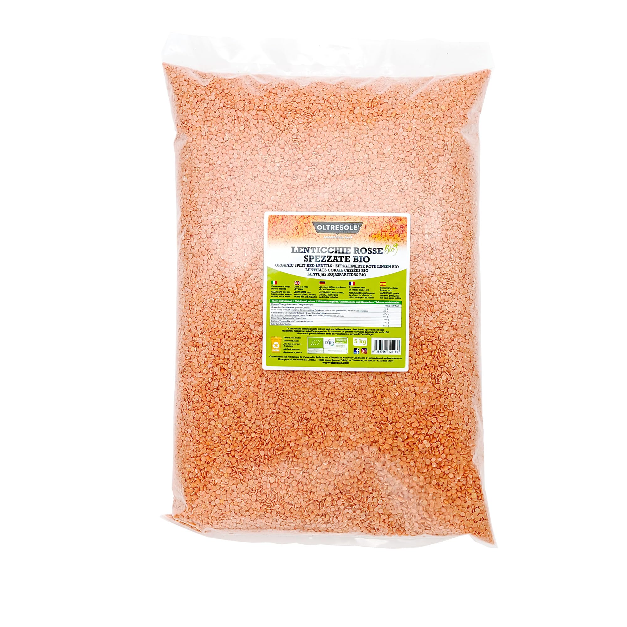 Oltresole, Lentejas rojas partidas ecológicas 5 Kg, Legumbres secas ecológicas, decorticadas y partidas, no necesitan remojo, Fuente de proteína y fibra, Tamaño práctico