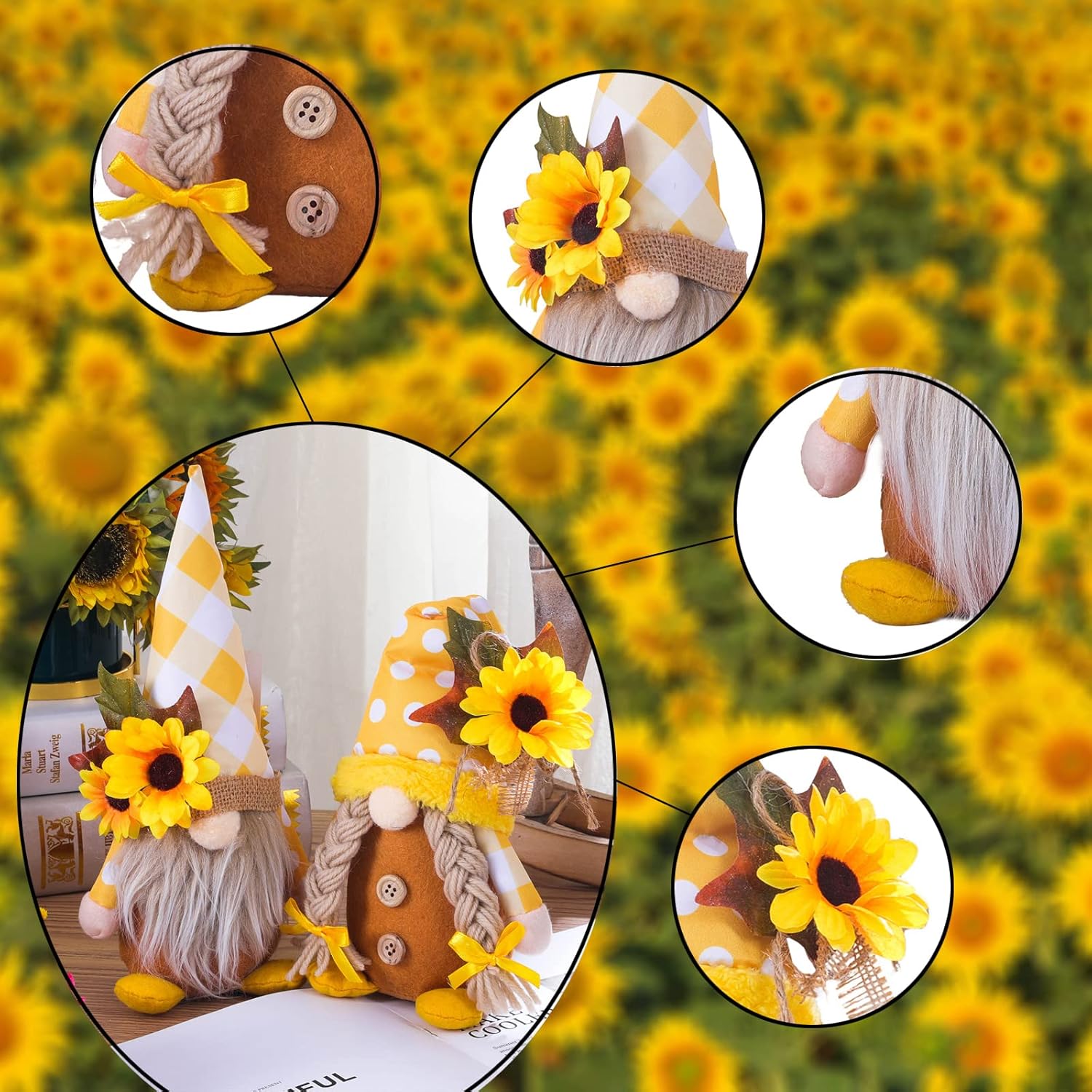 GUDVES Sunflower Dwarf Plush Decorative Toys 2 Pieces - Handmade Dolls - Swedish Dwarf Dolls Table Shelf Layer Tray Decorations with Flowers Easter Home Decorations, Gifts for mom (Sunflower)