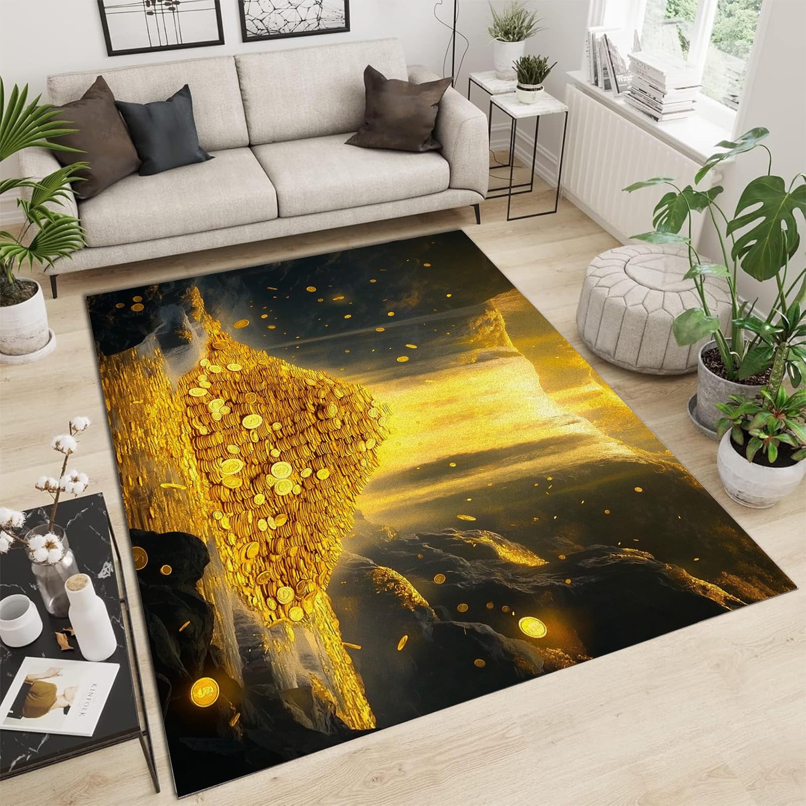 Tapis antidérapant lavable Cascade d'or pour un salon moderne et propre