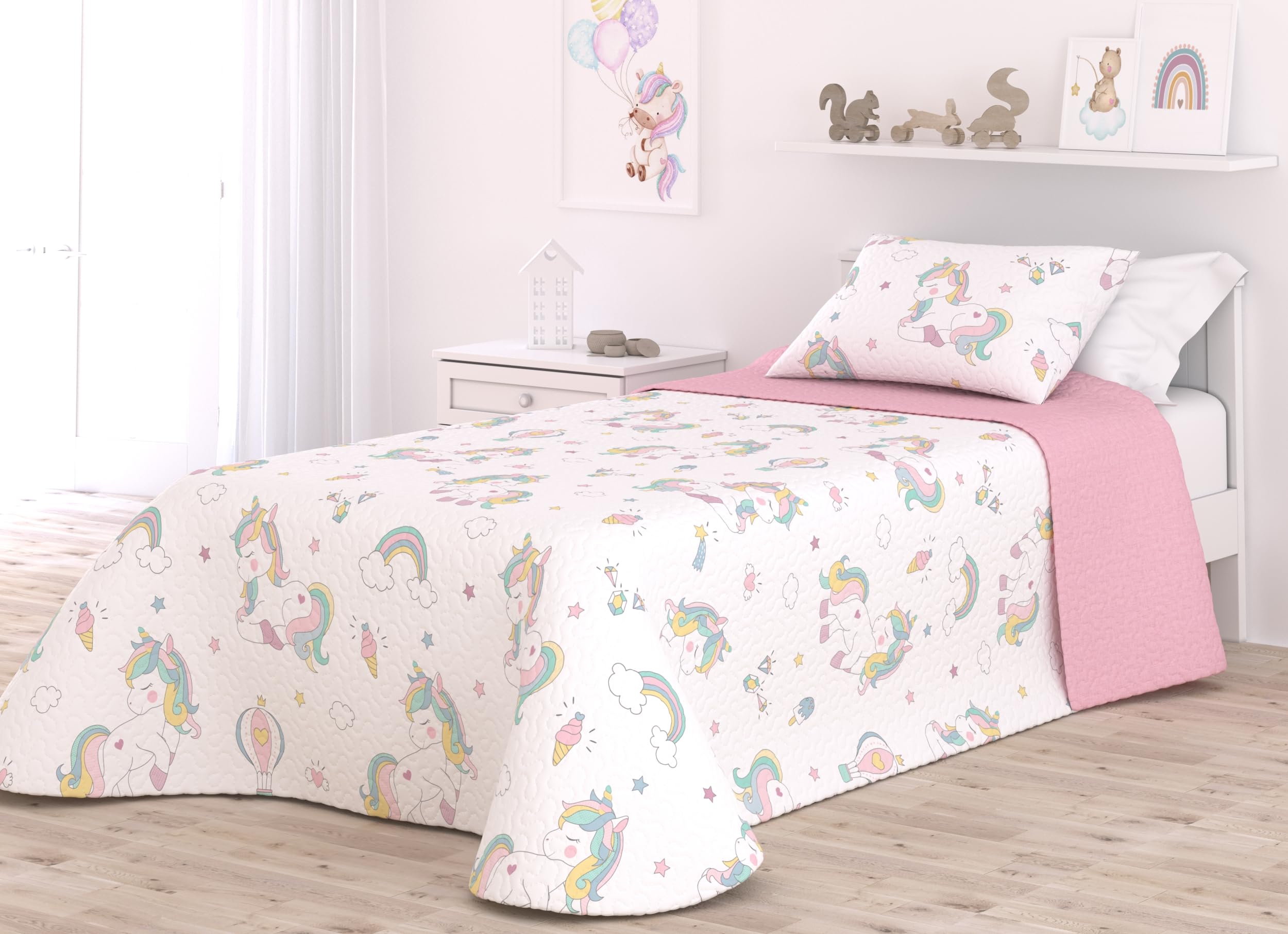 Victorio & Lucchino Colcha Infantil de Verano y Primavera. Ligera Colcha cubrecama de Microfibra. Incluye Funda de cojín. (Unicorn con COJÍN, Cama 90cm)