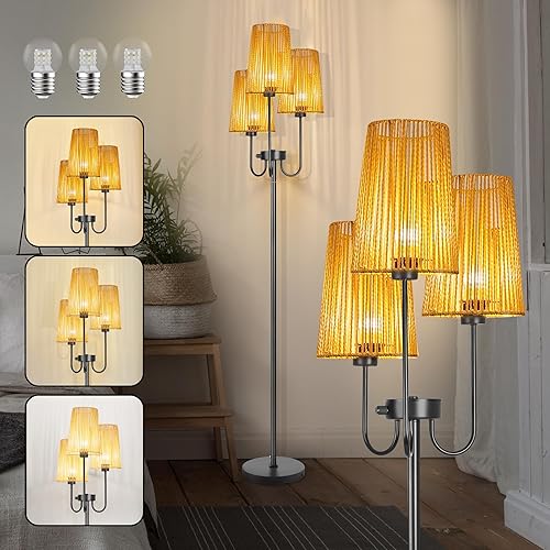 Miniatura 8 de Lámpara de pie bohemia para sala de estar, 3 lámparas de pie de granja con pantalla de ratán y bombillas LED de 7 W, lámpara alta de pie de árbol