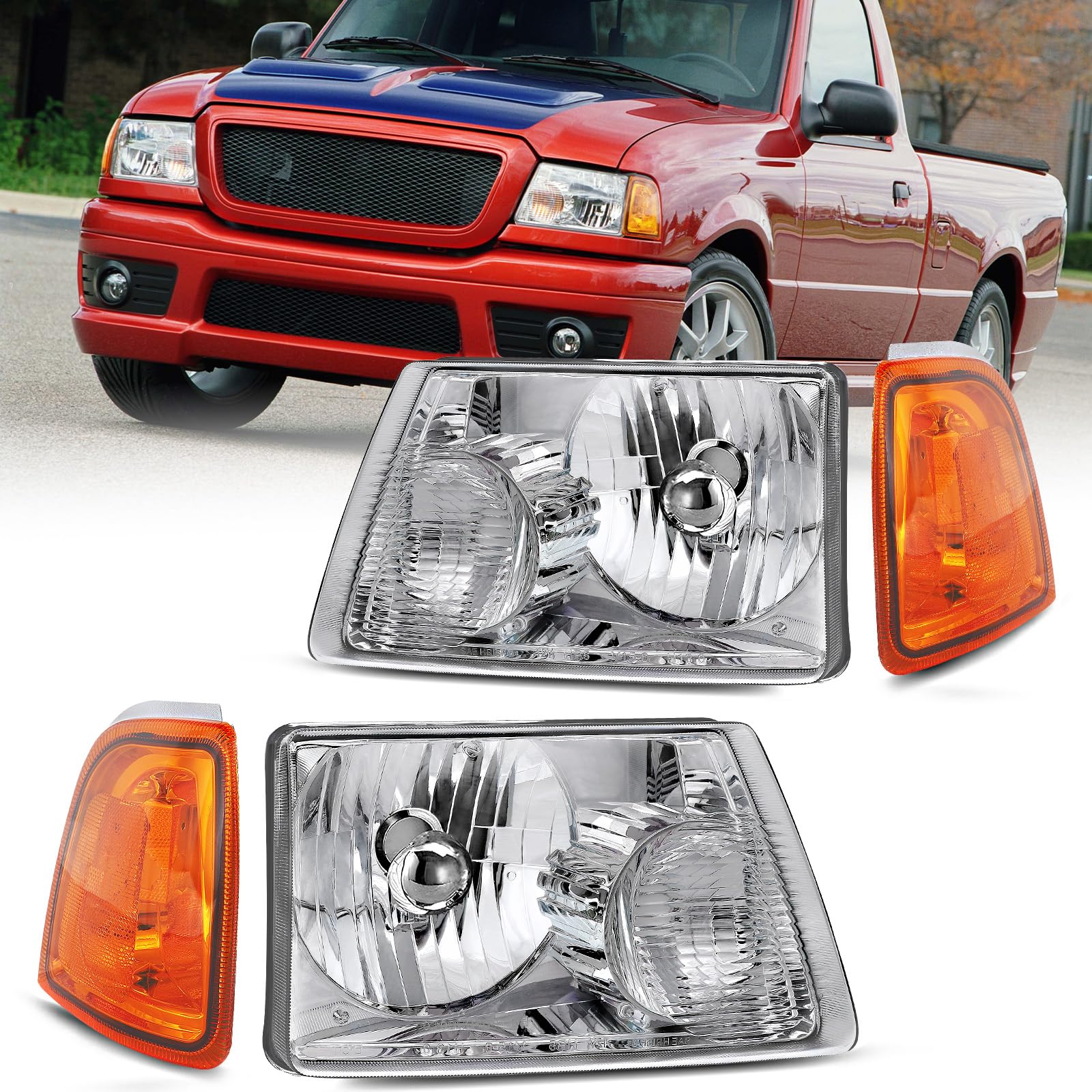 Headlight Assembly Compatible with 2001-2011 01-11 Ford Ranger with Corner Light 01 02 03 04 05 06 07 08 09 10 11 Ranger Headlamp Driver and Passenger Side (Chrome Housing Amber Reflector)