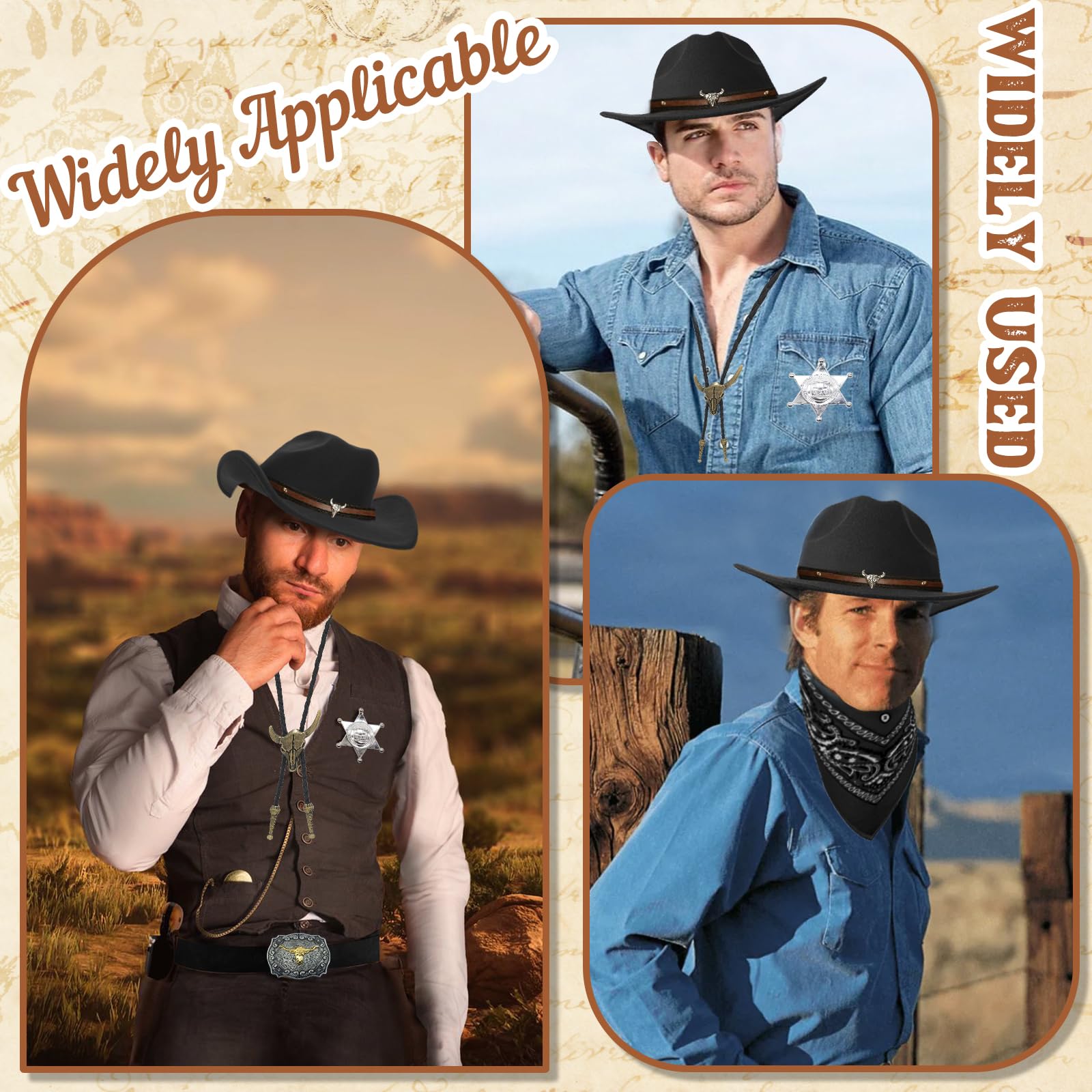 8 Stück Cowboy Kostüm Zubehör Set, Deluxe Western Cowboy Outfit Kit mit Brauner Hut Paisley Bandana Holster Gürtel Boloschnalle Krawatte Halskette Sheriff Abzeichen für Herren Cosplay Party