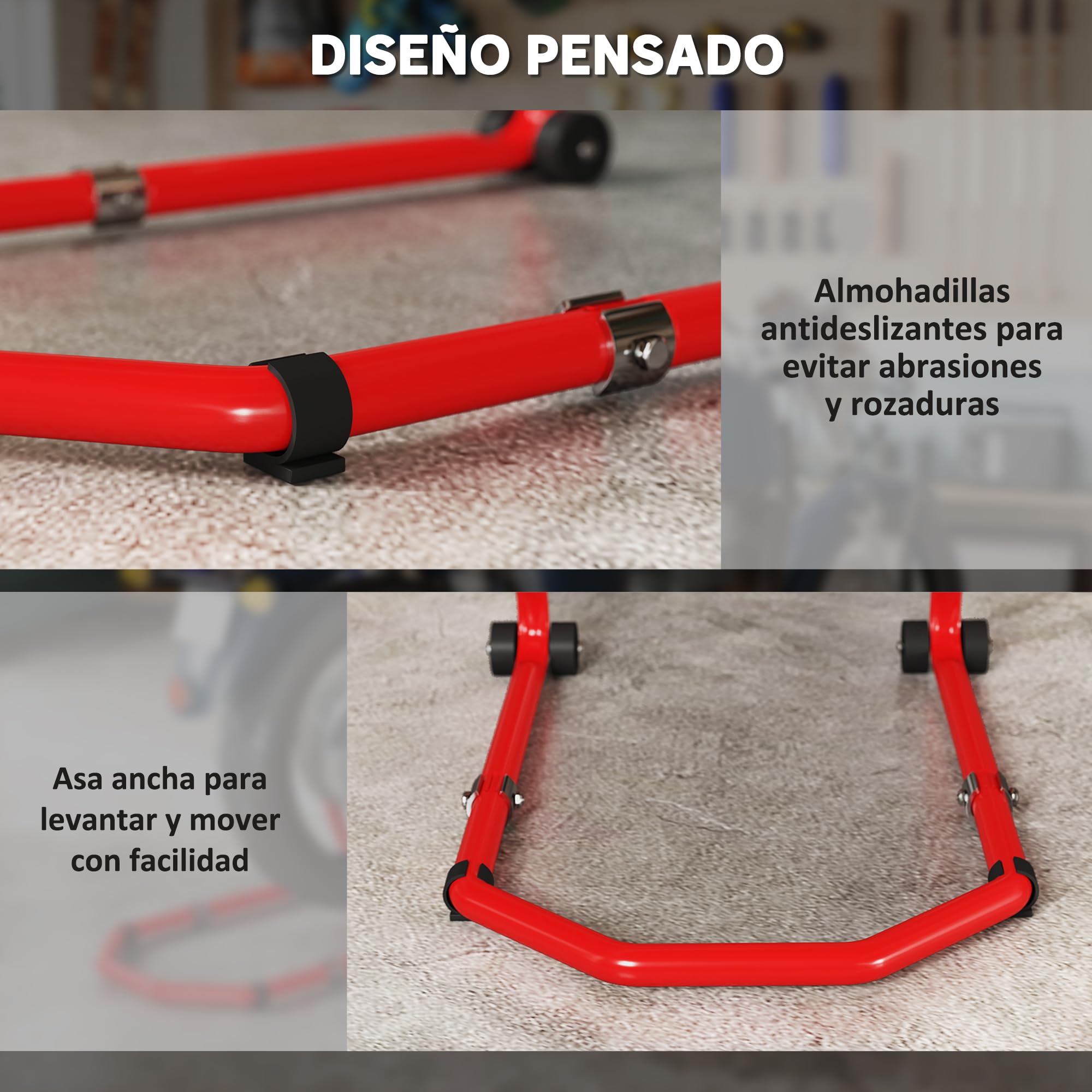 HOMCOM Caballete Moto Elevador Universal Carga 390 kg Combo Soporte de Rueda Delantera y Trasera Motocicleta con Adaptadores de Horquillas en U y L Ajustables y Ruedas para Reparación y Mantenimiento