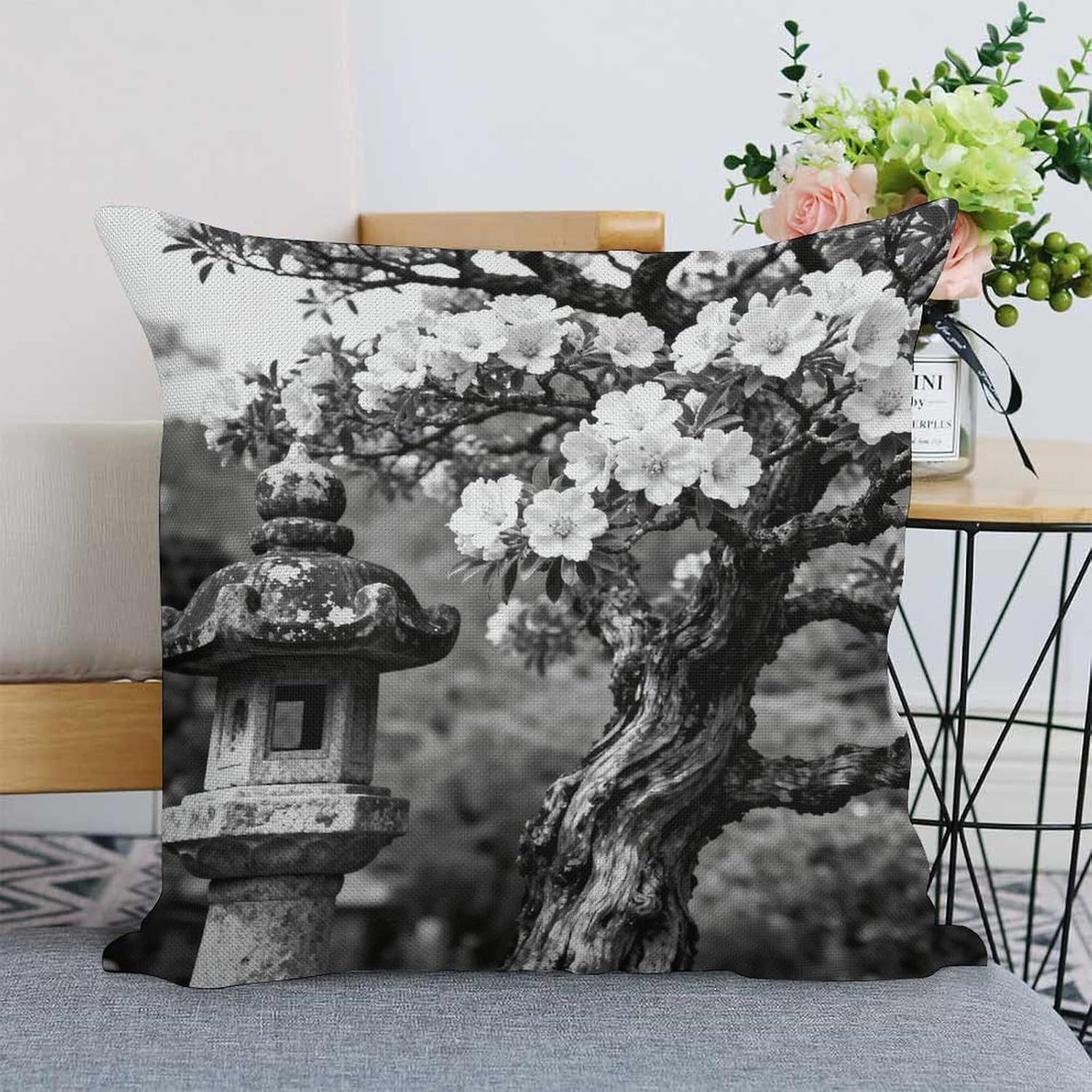 Black White Tree Flower Pillow Protectors Cute Waterproof Pillow Cover Soft Skin-Friendly Cushion Case Decorative Square Cushion Cover for Couch Sofa Bed Living Room Bedroom