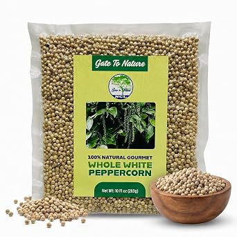 Gate to Nature White Peppercorn Whole, 10oz 283g, 100% Pure White Pepper