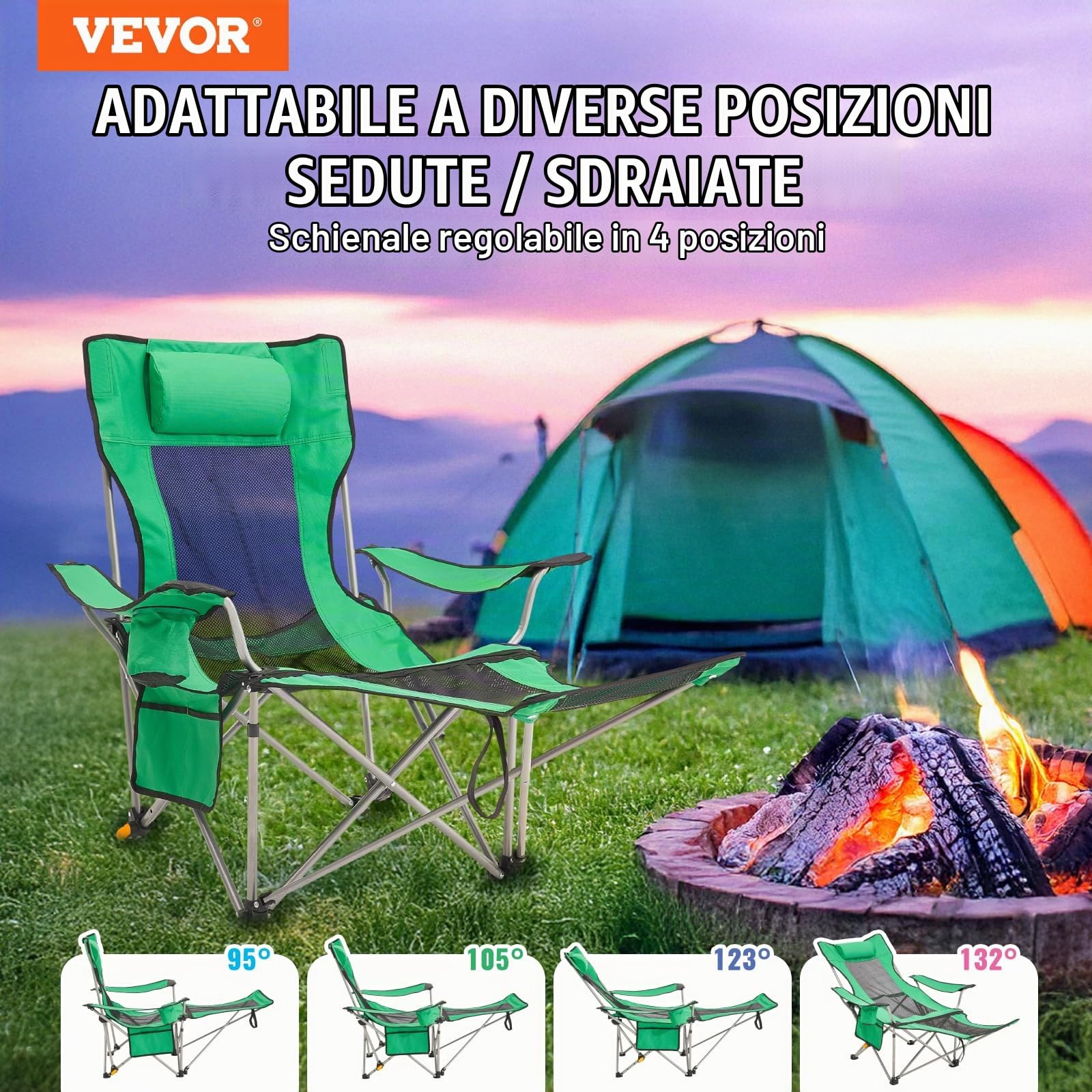 VEVOR Sedia da Campeggio Reclinabile, Carico di 149,69 kg Sedia da Campeggio Portatile Pieghevole a 4 Posizioni, con Poggiapiedi, Portabicchieri, Tasca Laterale e Poggiatesta, per Campeggio, Verde